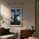 Reverra Starry Night Classic Hanging Frame Wall Art by Giant Sculptures suspended from slim gold rods above a walnut sideboard in a warm neutral living room.