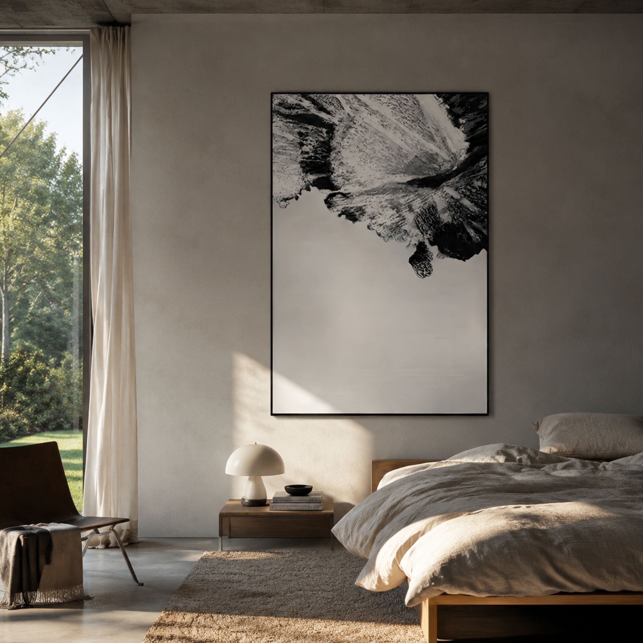 Terranica Monochrome Flow Textured Abstract Metal Wall Art by Giant Sculptures hung above a wooden nightstand in a concrete-walled bedroom with linen bedding.