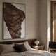 Terranica Rustic Earth-Toned Textured Abstract Metal Wall Art by Giant Sculptures mounted above a walnut bed with linen bedding and a mushroom lamp.