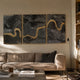 Riverine Flow Charcoal Grey Textured Triptych Wall Art by Giant Sculptures hung above a beige leather sofa in a sunlit living room with bookshelves.