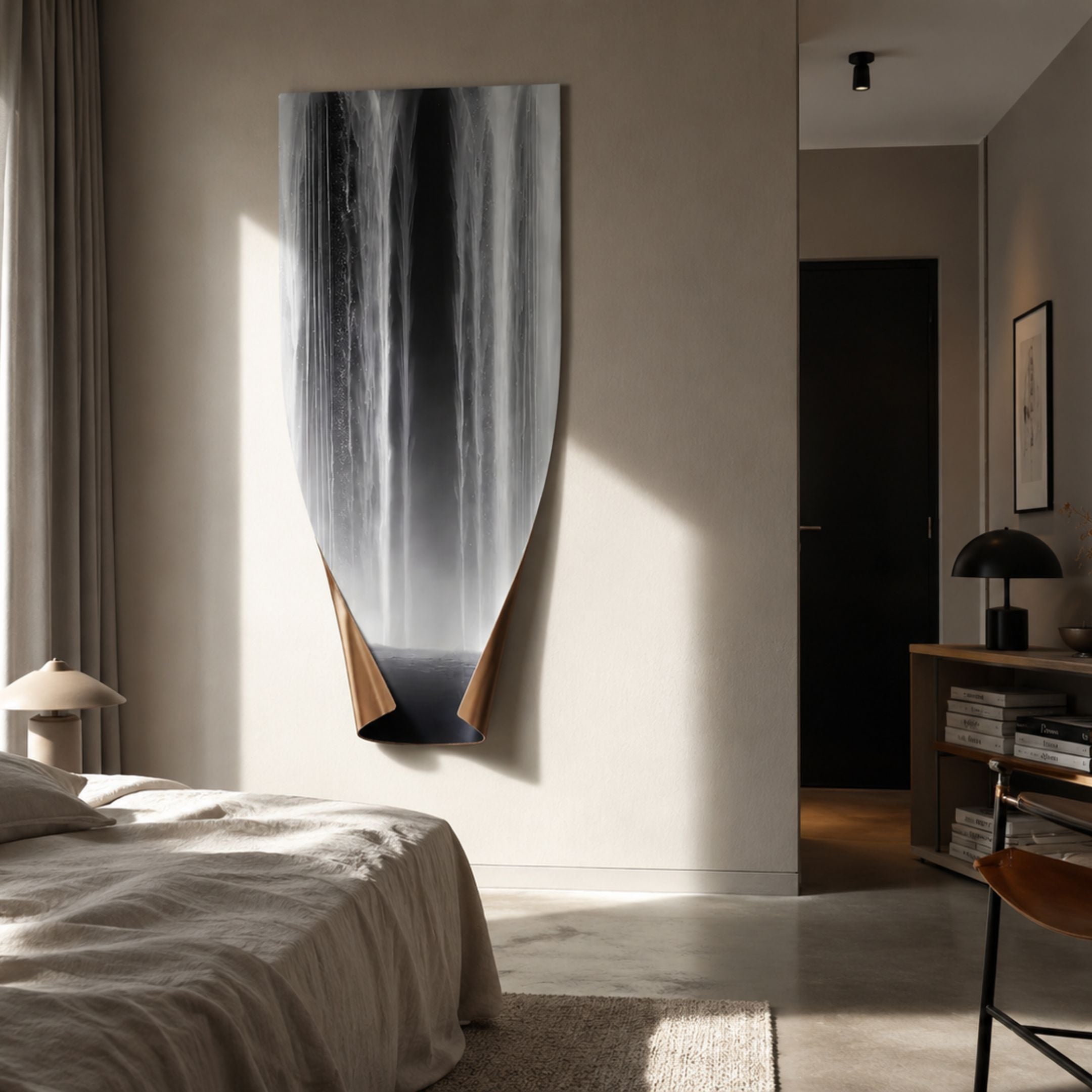 Celestial Flow Waterfall metal wall art by Giant Sculptures, mirror-polished steel cascade with warm bronze base, mounted above a bed in a neutral bedroom.