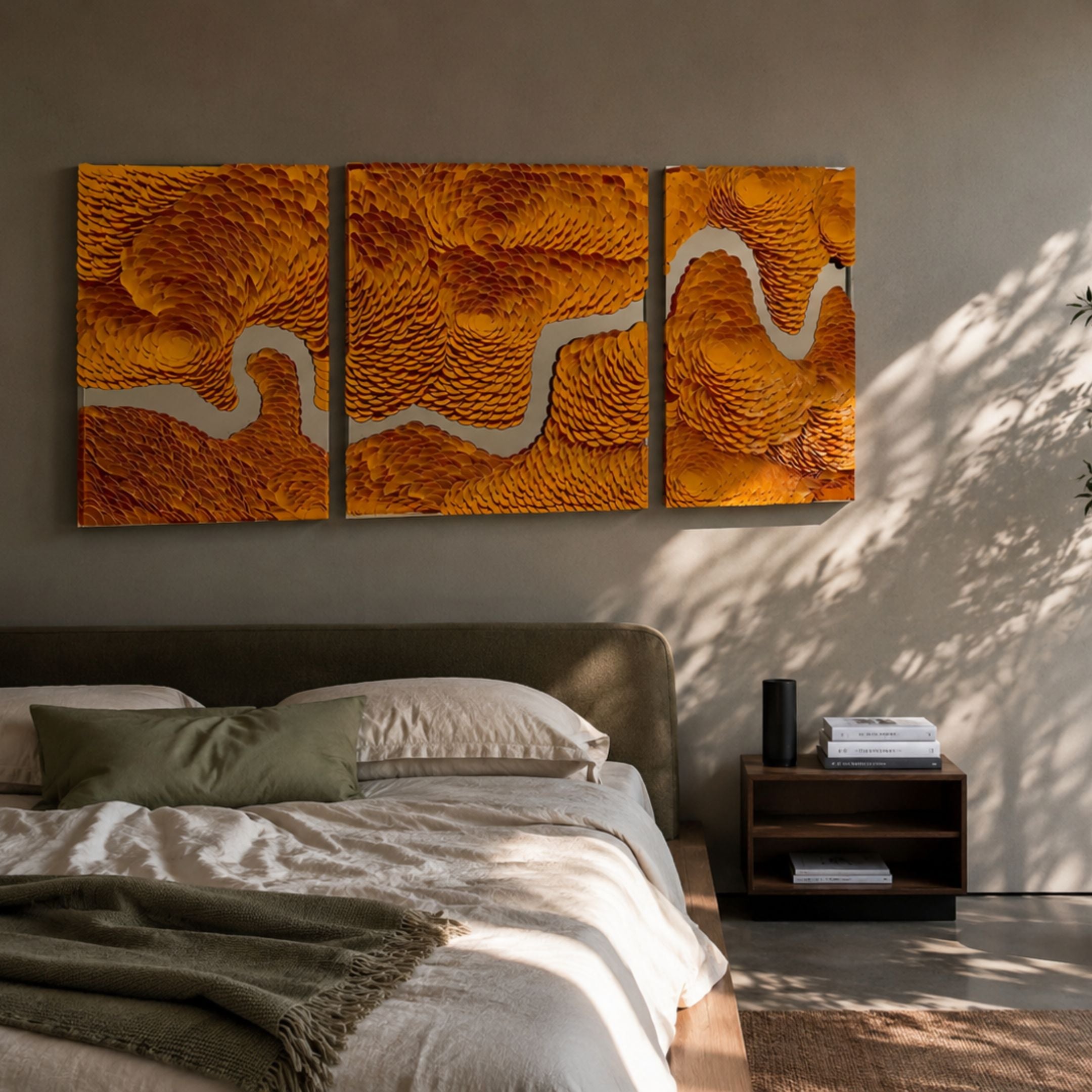 Riverine Flow Golden Orange Textured Triptych Wall Art by Giant Sculptures mounted above a bed with green pillows, linen bedding, and a walnut nightstand.