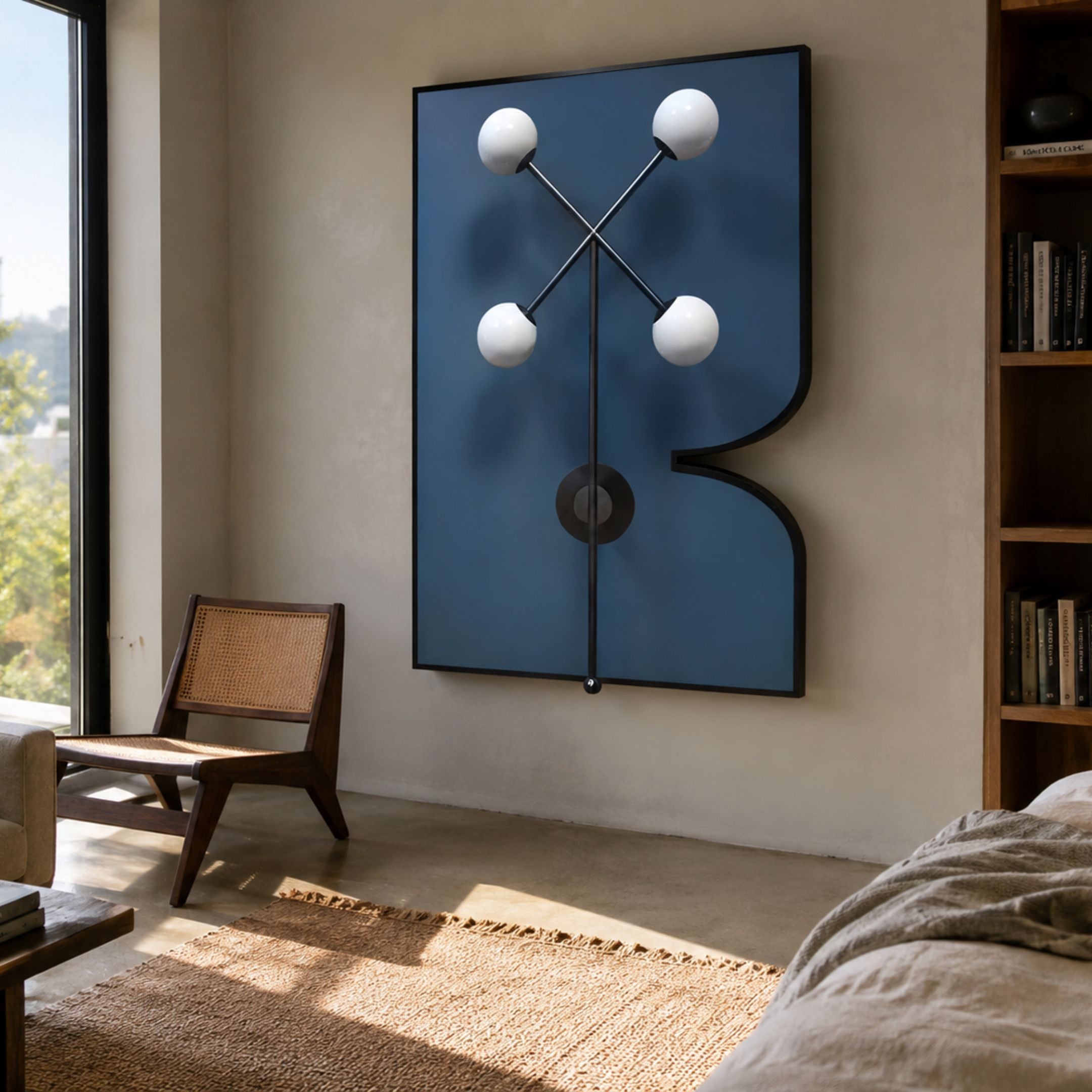 Axial Elegance Blue Symmetrical Metal Wall Art by Giant Sculptures displayed in a sunlit bedroom above a cane lounge chair beside a wooden bookshelf.