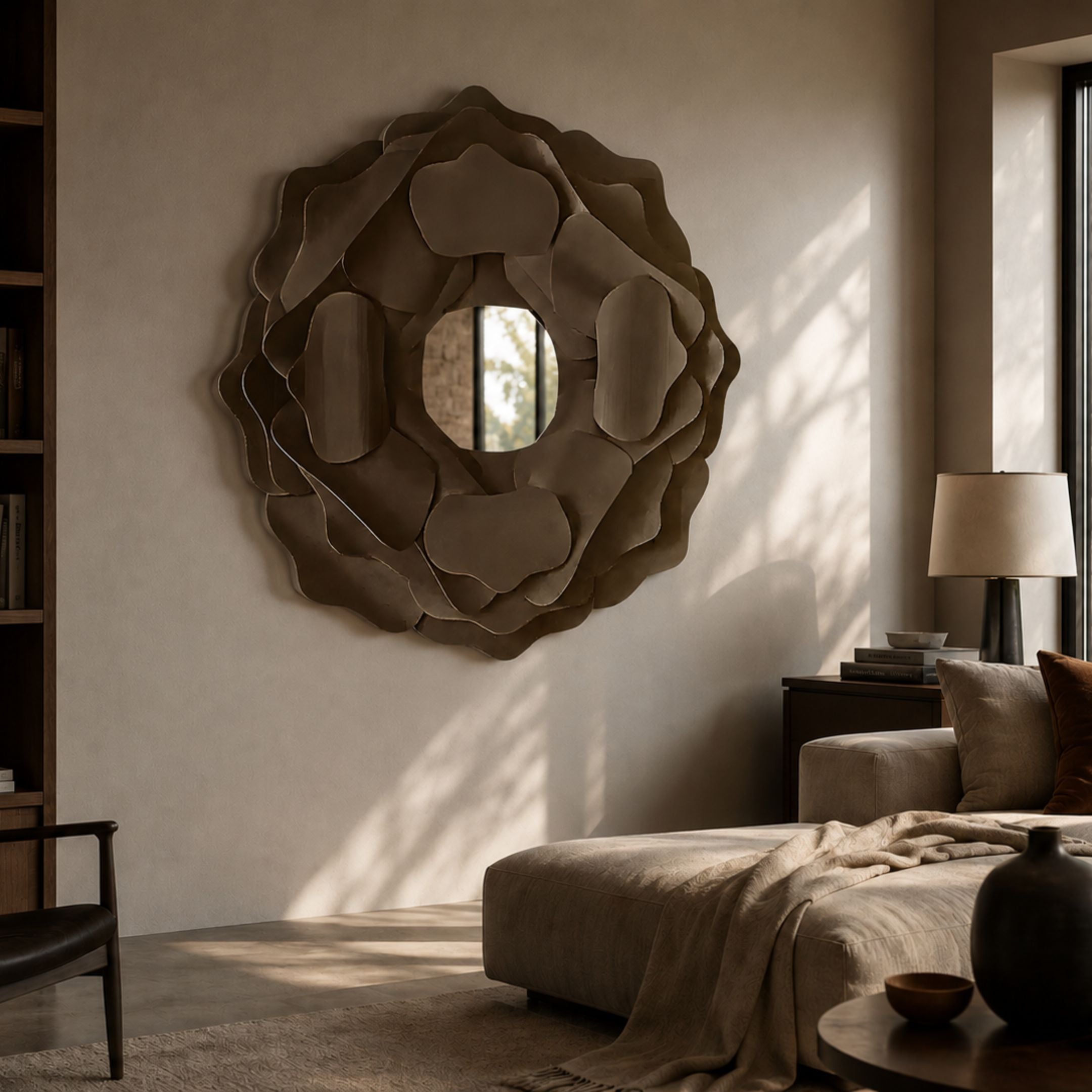 Sculptura Mirror Sand Beige Floral Round Metal Wall Art displayed on a neutral living room wall above a dark sideboard with lamp and beige sofa.