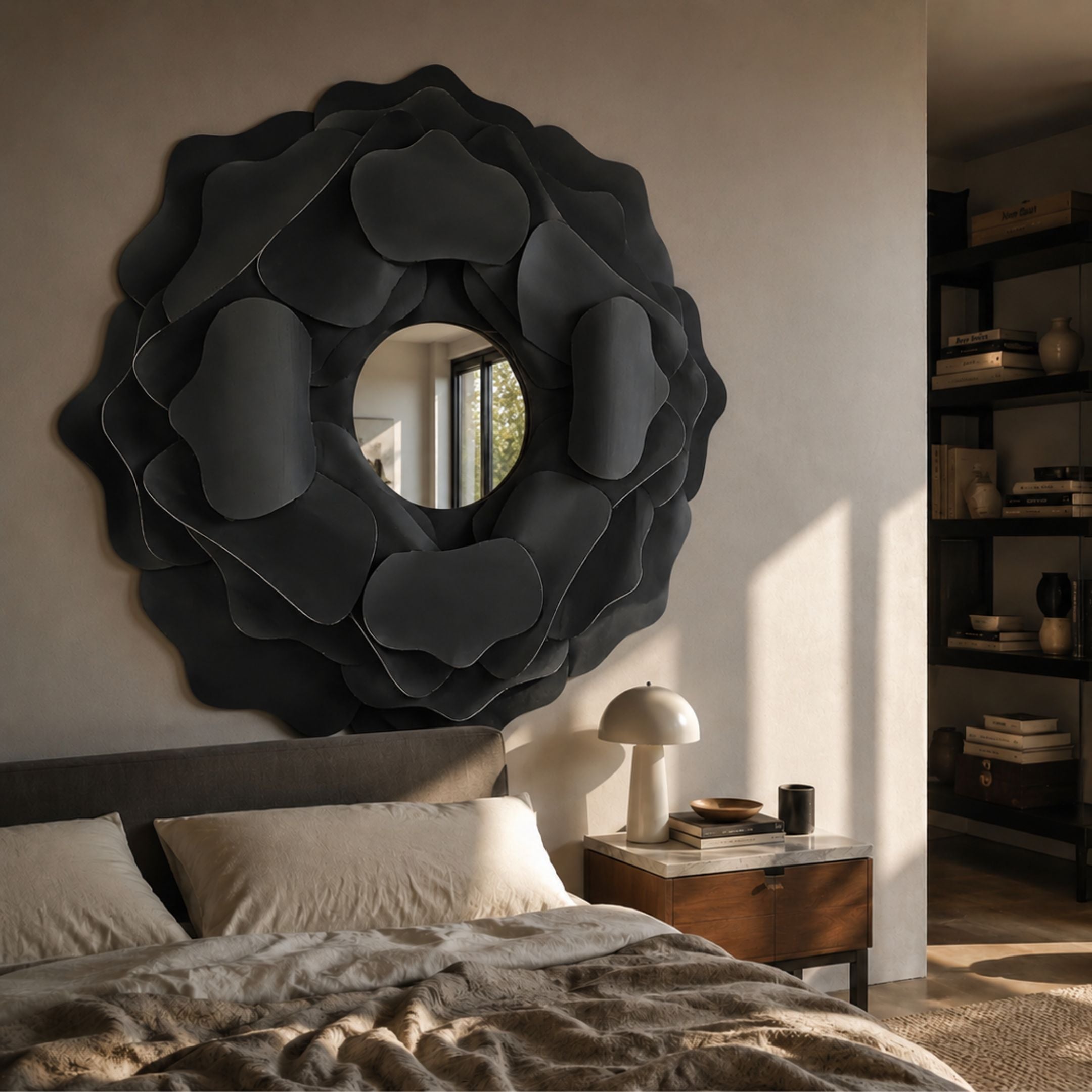 Sculptura Mirror Charcoal Grey Floral Round Metal Wall Art with layered petals and open centre, mounted above a bed beside a mushroom lamp and nightstand.