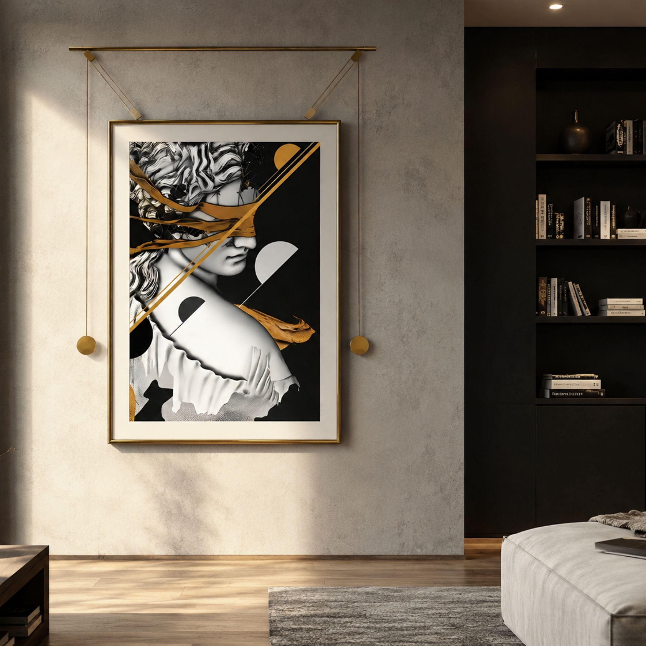 Eterna Classics Athena Replica Portrait Golden Frame Wall Art suspended from a gold bar bracket on a concrete wall beside a dark bookshelf in a modern lounge.
