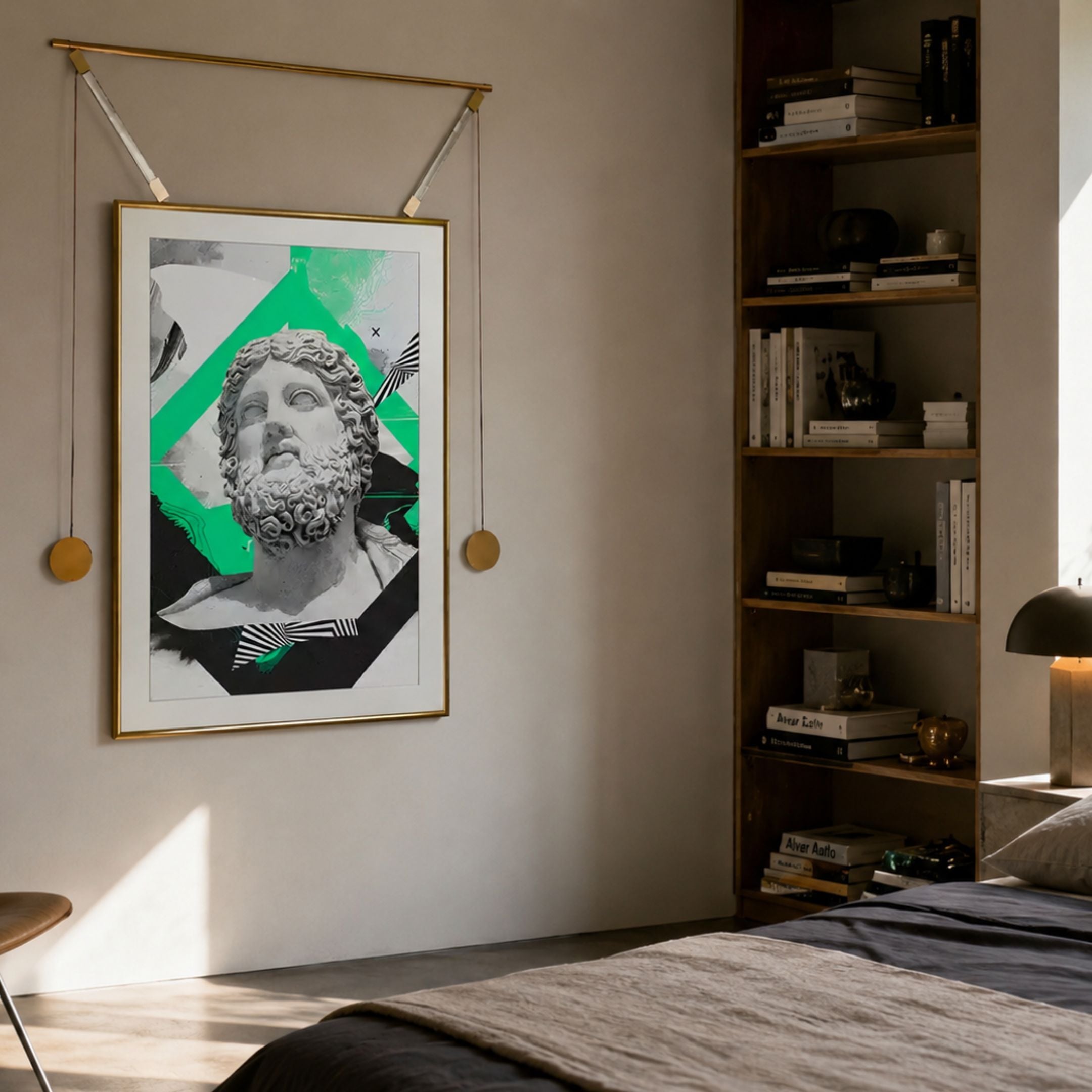 Eterna Classics Zeus Replica Portrait Golden Frame Wall Art by Giant Sculptures hung from a gold rod in a bedroom beside a wooden bookshelf and lamp.