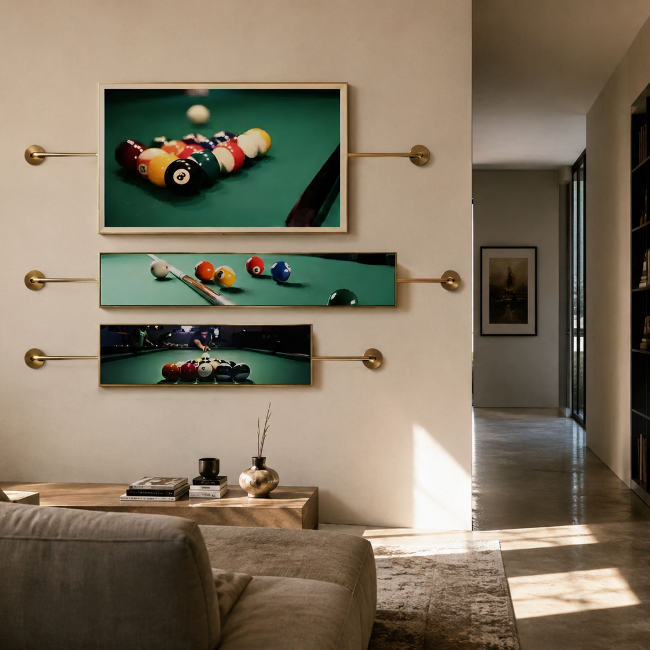 Visario Billiards Game Themed Metal Wall Art triptych displayed in a living room, showing racked balls, mid-game cues, and a break shot in green and multicolour.