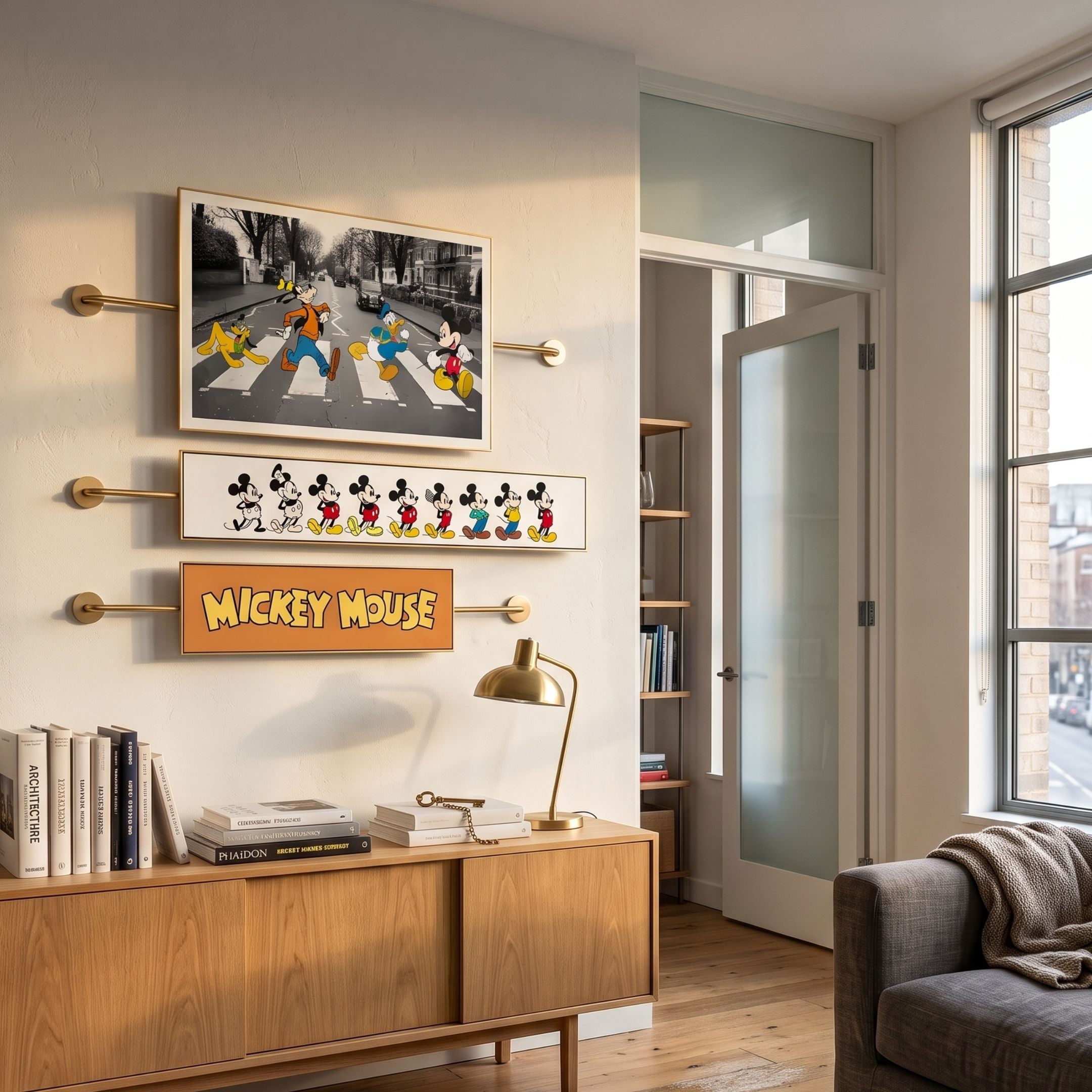 Visario Mickey Mouse Themed Metal Wall Art by Giant Sculptures, a three-panel set with Abbey Road scene, Mickey poses, and wordmark, above a wooden sideboard.