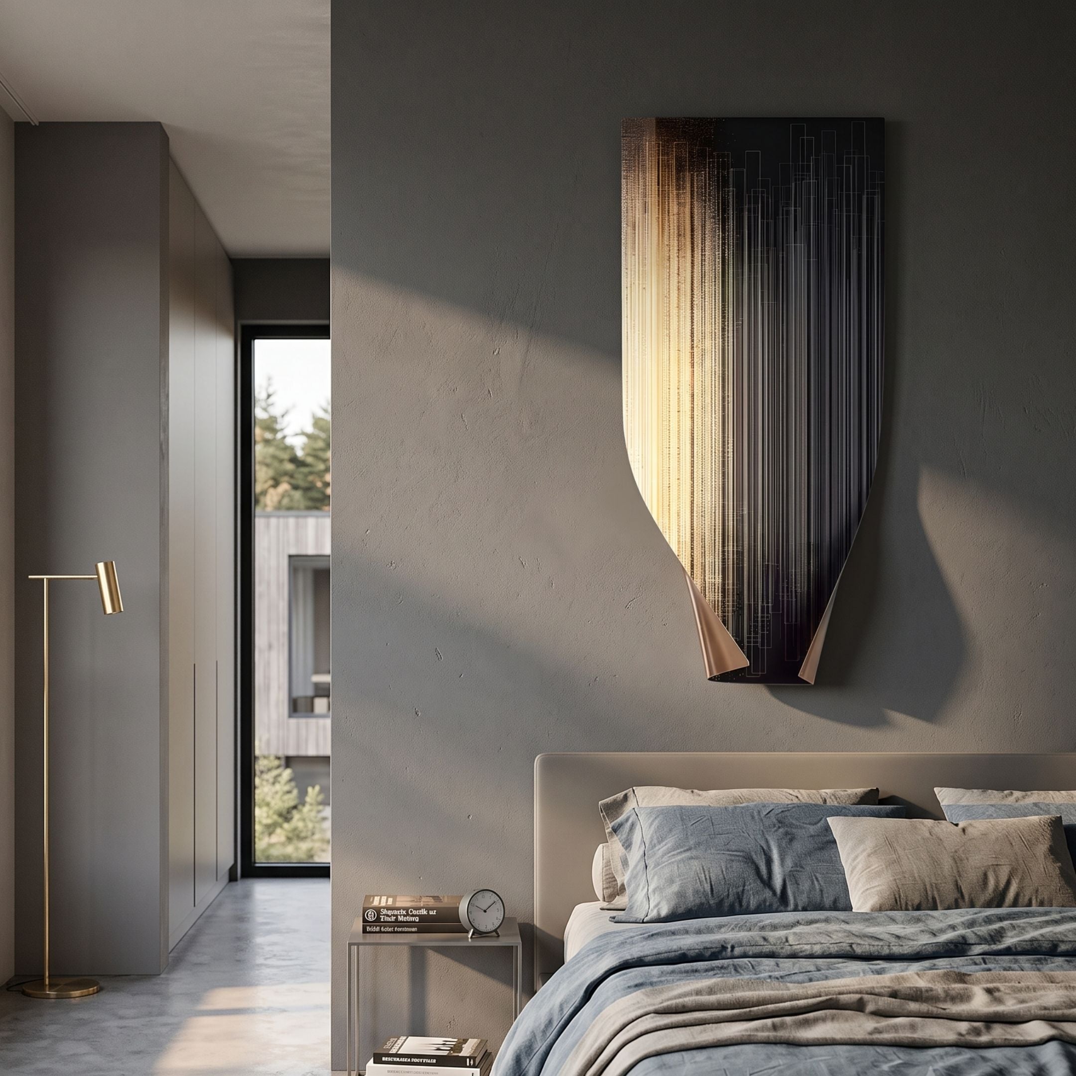Celestial Luminous Skyline Curved Vertical Abstract Metal Wall Art in glossy black and gold mounted above a bed in a modern grey bedroom with brass floor lamp.