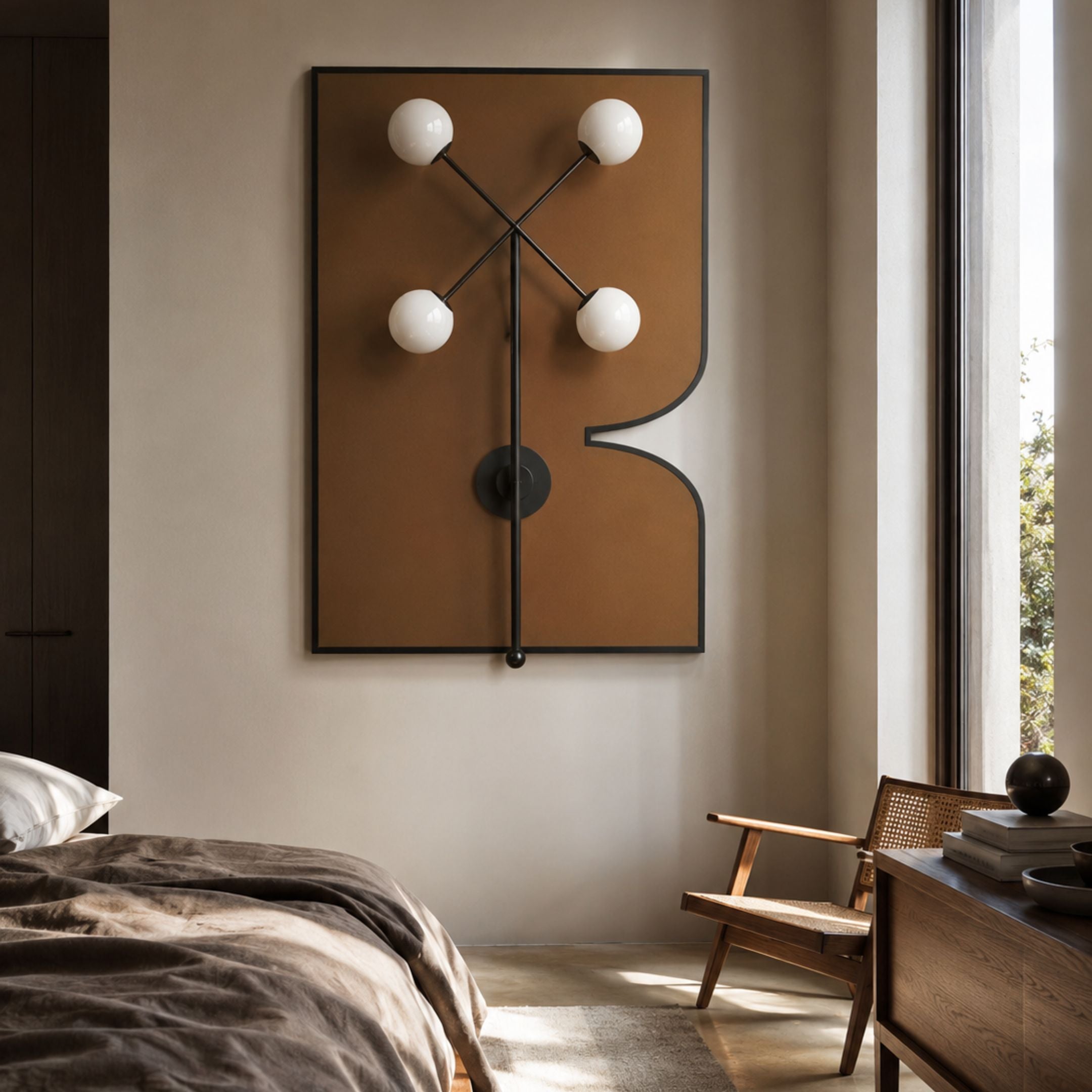 Axial Elegance Bronze Symmetrical Metal Wall Art by Giant Sculptures mounted above a bed, with four white globe bulbs on an X-shaped rod over a brown panel.