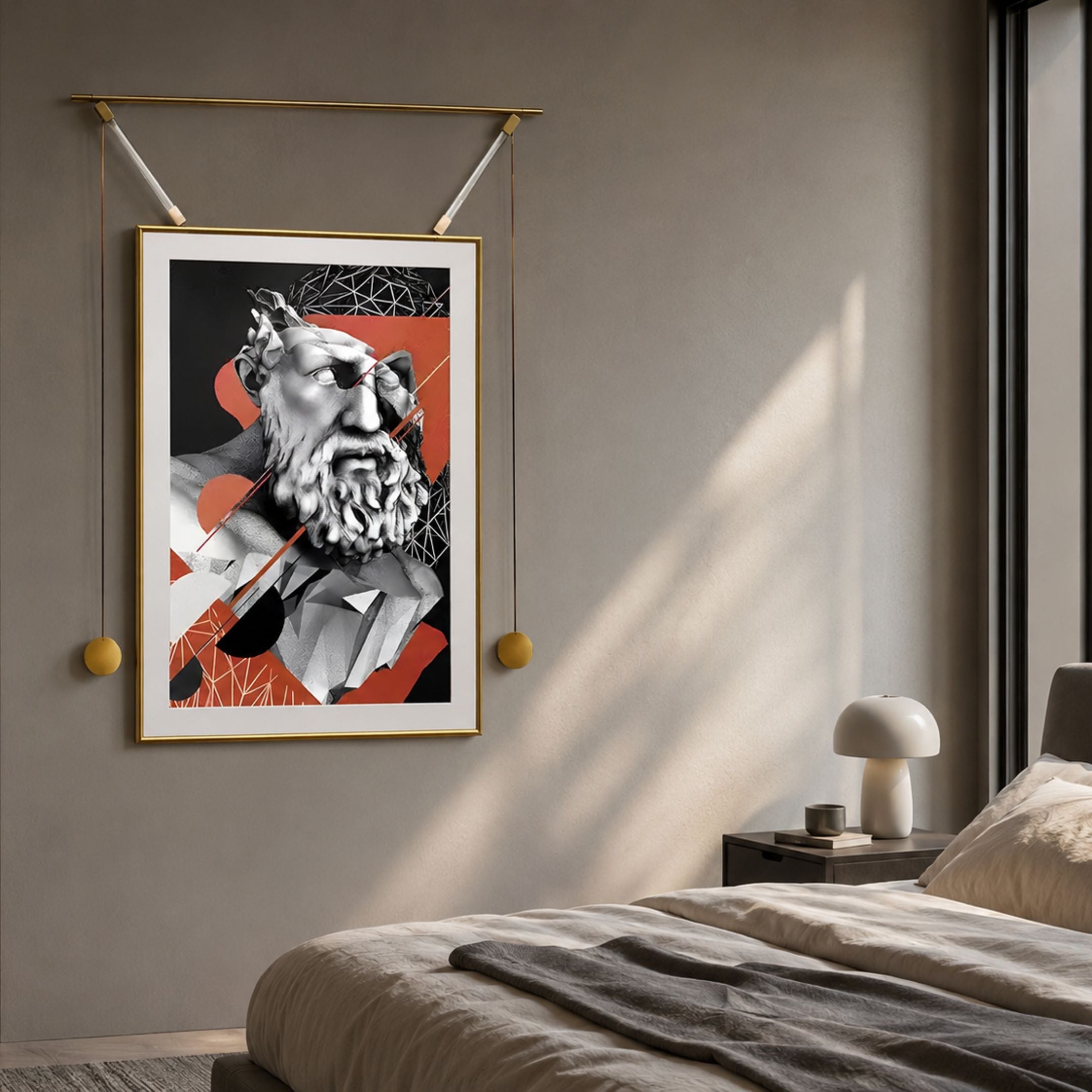 Eterna Classics Renaissance Portrait Golden Frame Wall Art by Giant Sculptures, featuring a bearded bust with orange accents, hung above a bedroom nightstand.