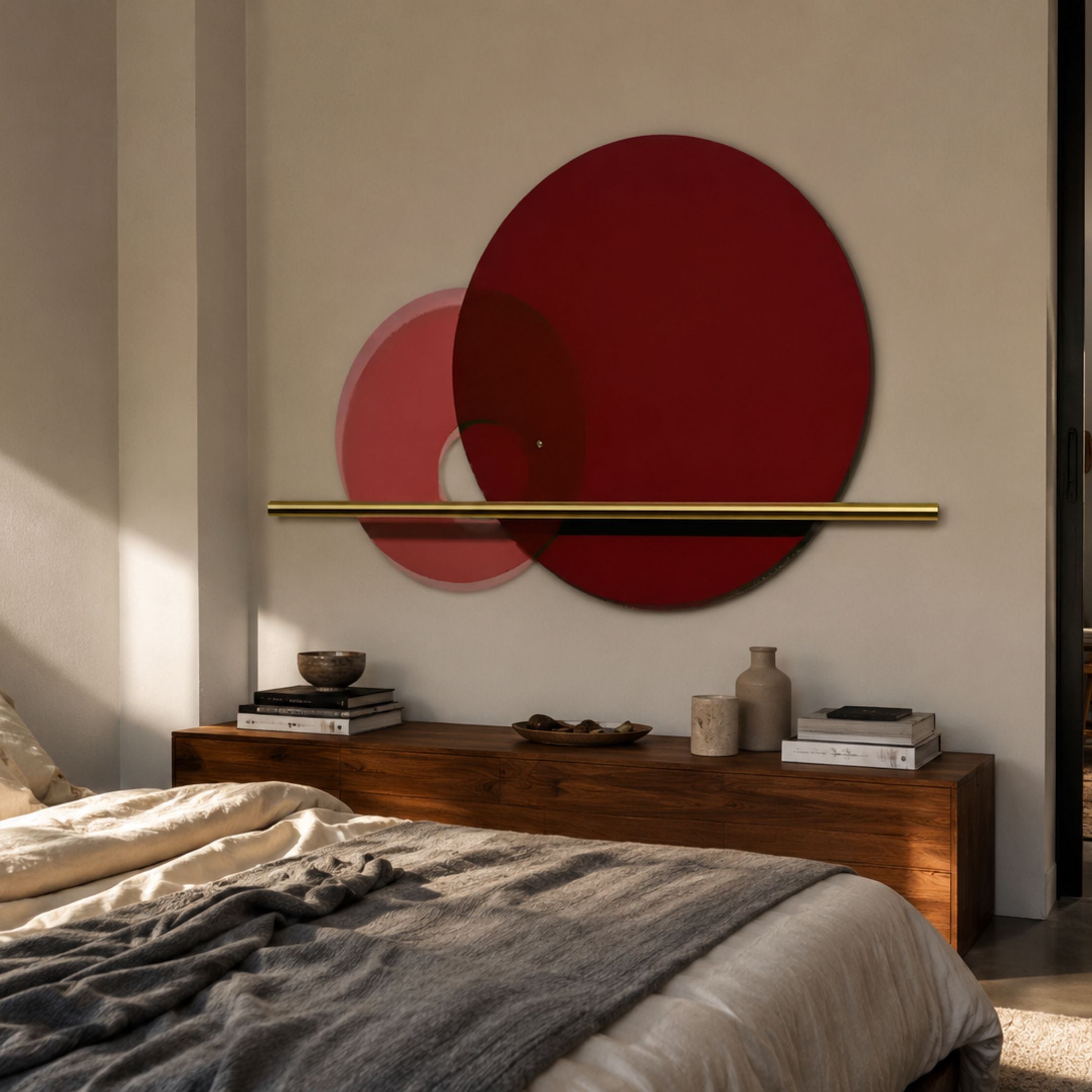 Luna Forma Scarlet Red Round Brass Accent Wall Art by Giant Sculptures displayed above a walnut console in a bedroom, with overlapping red discs and brass rod.