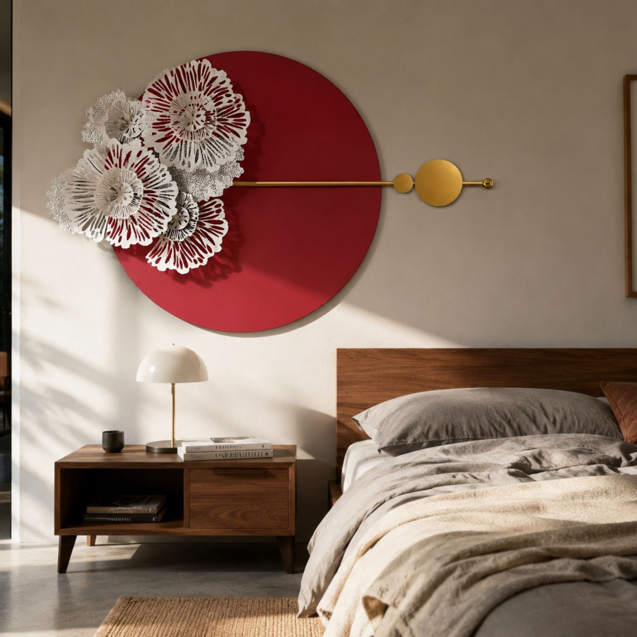 Giant Sculptures Blossom Halo Red Round Floral Decorative Wall Art mounted above a walnut nightstand and bed, with white floral relief and a gold crossing rod.