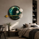Nova Floral Radiant Emerald Green Circular Wall Art with gold arc and white acrylic flowers, mounted above a bed in a neutral-toned bedroom.