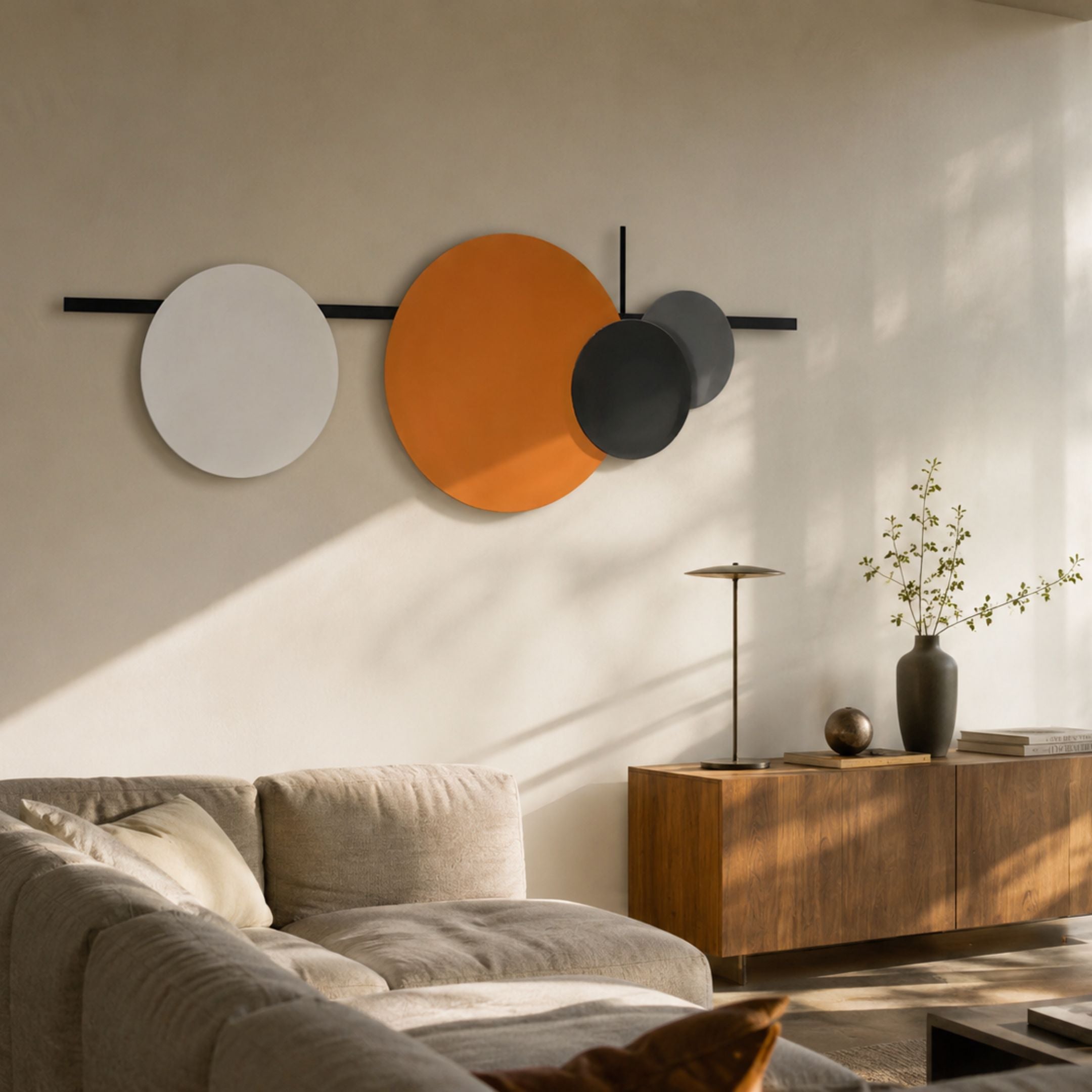 Orbit II Dynamic Flow Multicoloured Circular Wall Art by Giant Sculptures with overlapping white, orange, black, and grey discs above a wooden console.