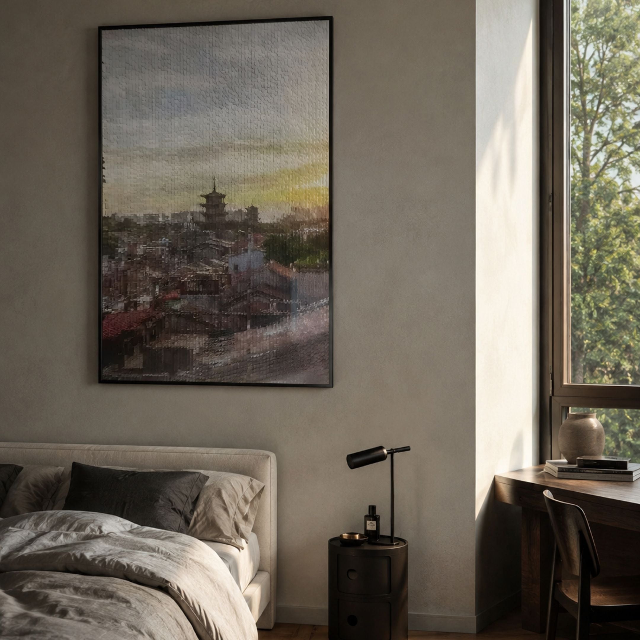 Vista Sunset Urban Landscape Carving Wall Art by Giant Sculptures, framed above a bed beside a nightstand and sunlit window, depicting a pagoda skyline at dusk.