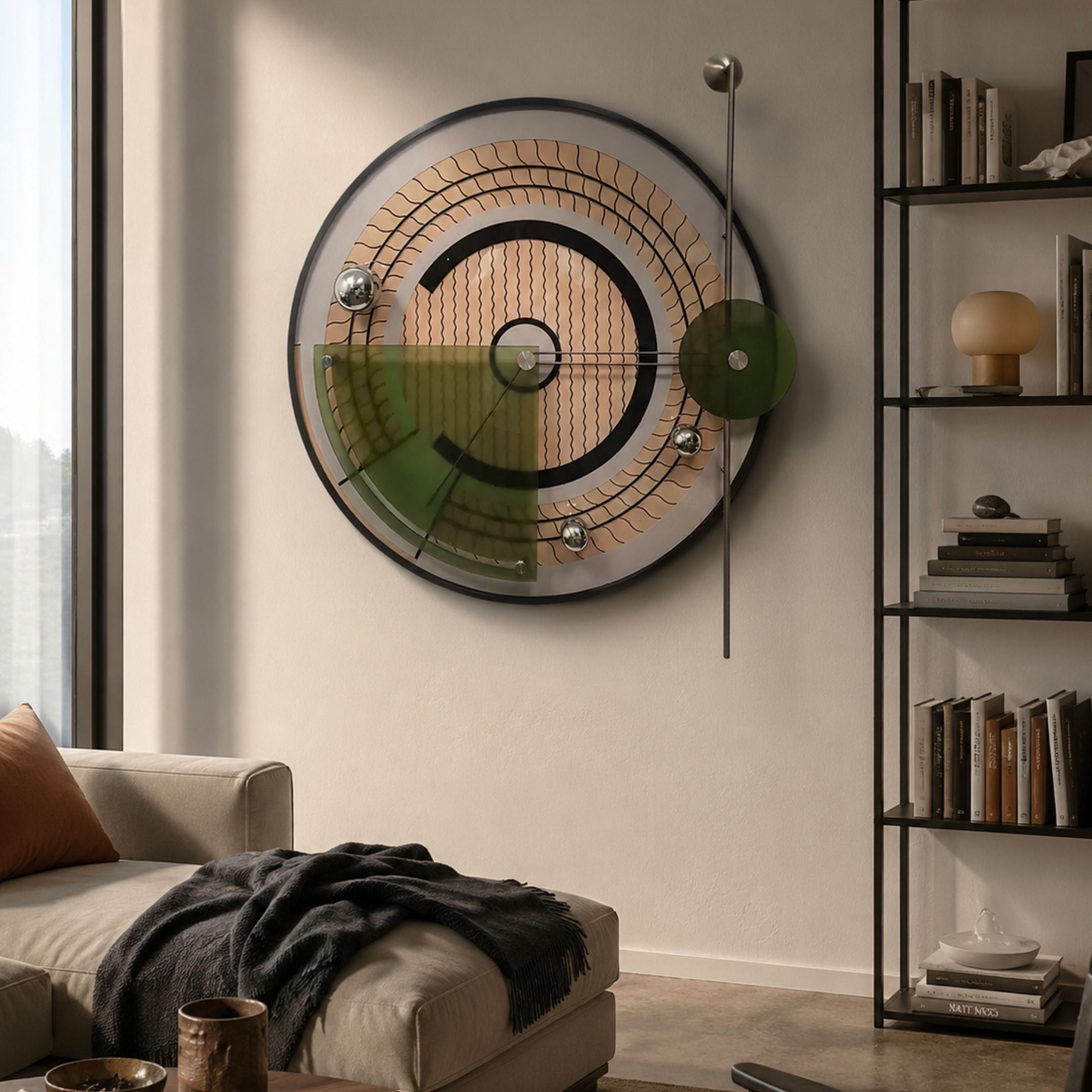 Circulo Modern Kinetic Metal Wall Art by Giant Sculptures mounted above a beige sofa, featuring concentric rings, green acrylic accents, and silver spheres.