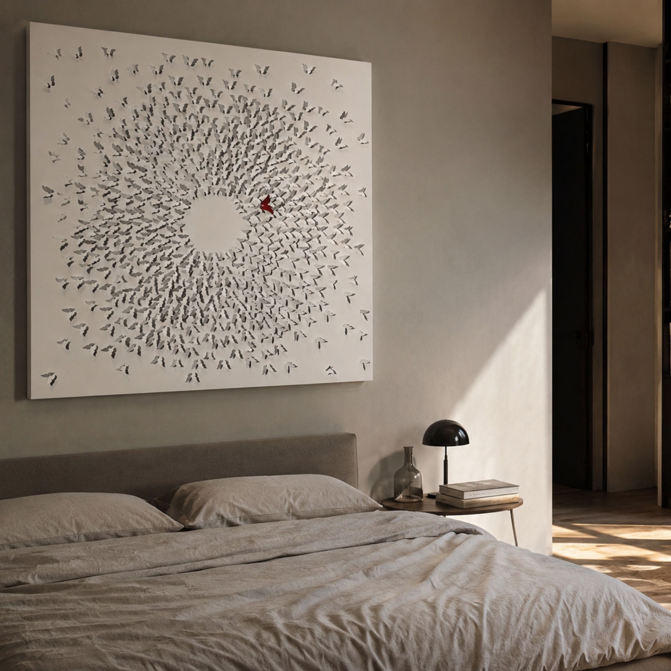 Aviara Unity Circle Butterfly Sculpture Metal 3D Wall Art by Giant Sculptures mounted above a grey upholstered bed in a softly lit modern bedroom.