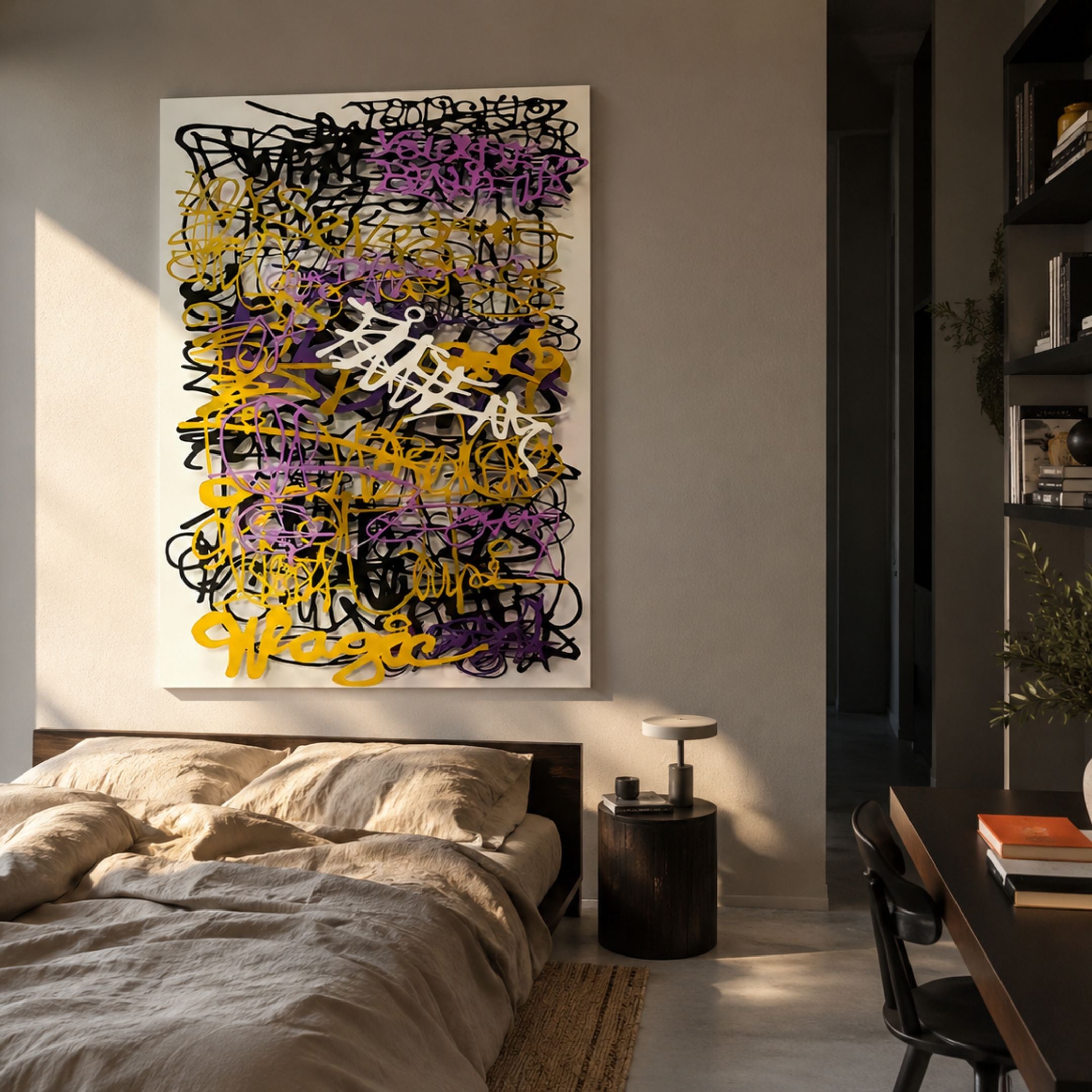 Scriptura II Multicolour Graffiti Expression Metal Wall Art by Giant Sculptures displayed above a linen-dressed bed in a sunlit modern bedroom.