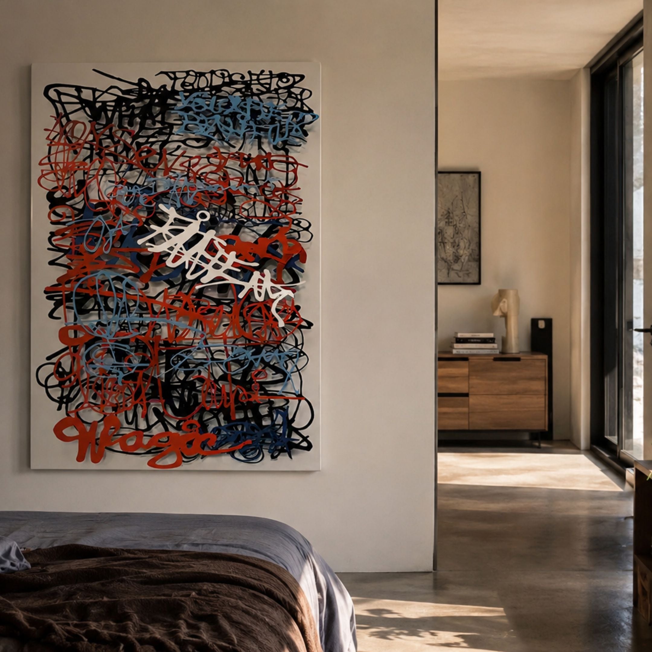 Scriptura I Multicolour Graffiti Expression Metal Wall Art with layered black, red, blue, and white scribbles displayed on a bedroom wall beside a wooden cabinet.