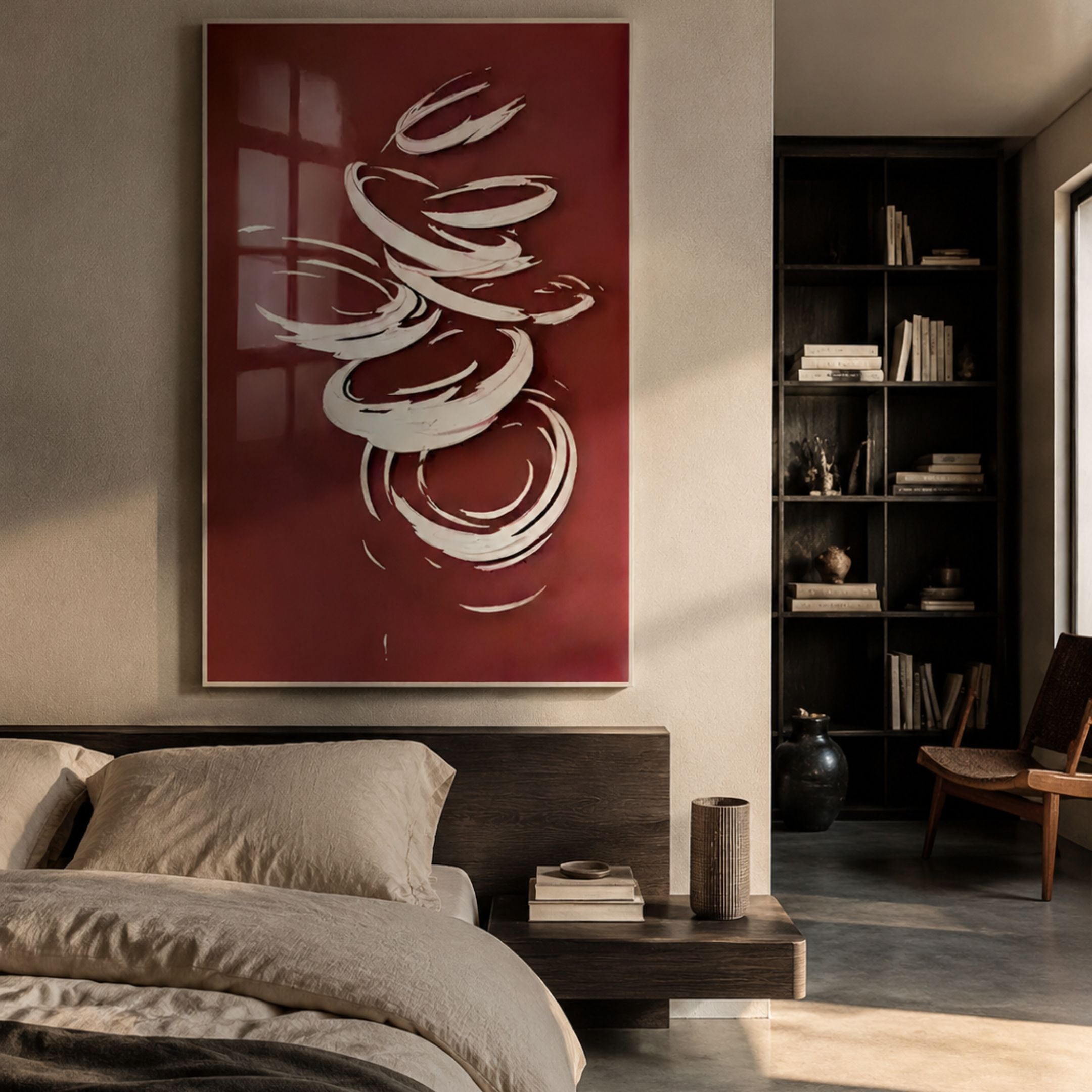 Zephyr Crimson Swirl Abstract Metal Wall Art with white gestural brushstrokes on deep maroon, mounted above a dark wood bed beside a black bookshelf.