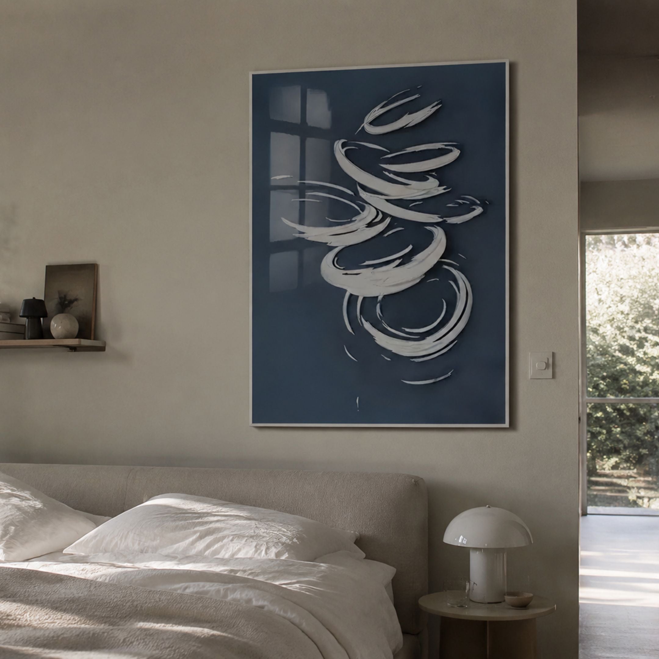 Zephyr Azure Swirl Abstract Metal Wall Art with white gestural brushstrokes on deep blue, hung above an upholstered bed in a neutral bedroom.