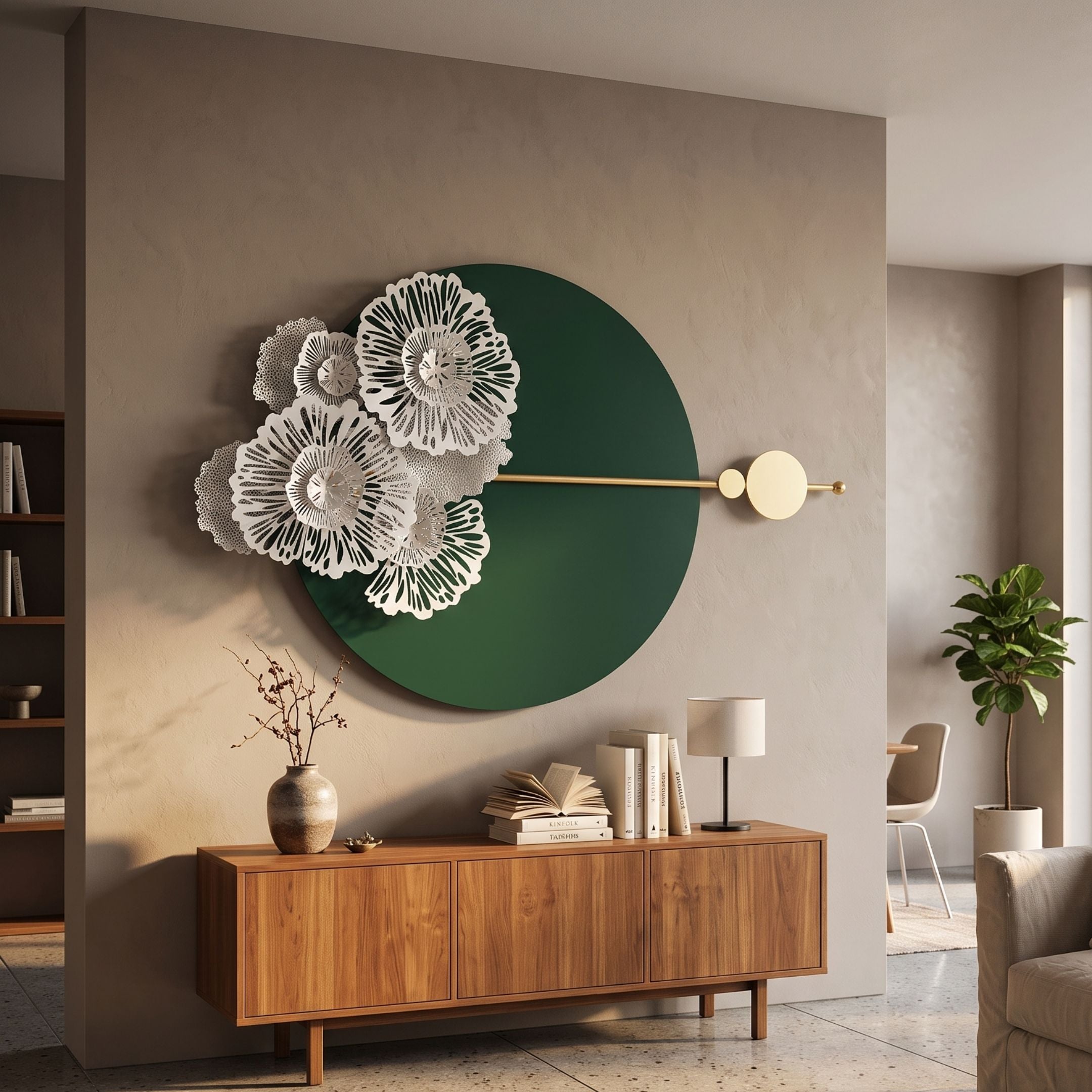 Blossom Halo Forest Green Round Floral Decorative Wall Art mounted above a walnut sideboard, with layered white blooms and a gold rod accent in a modern living space.