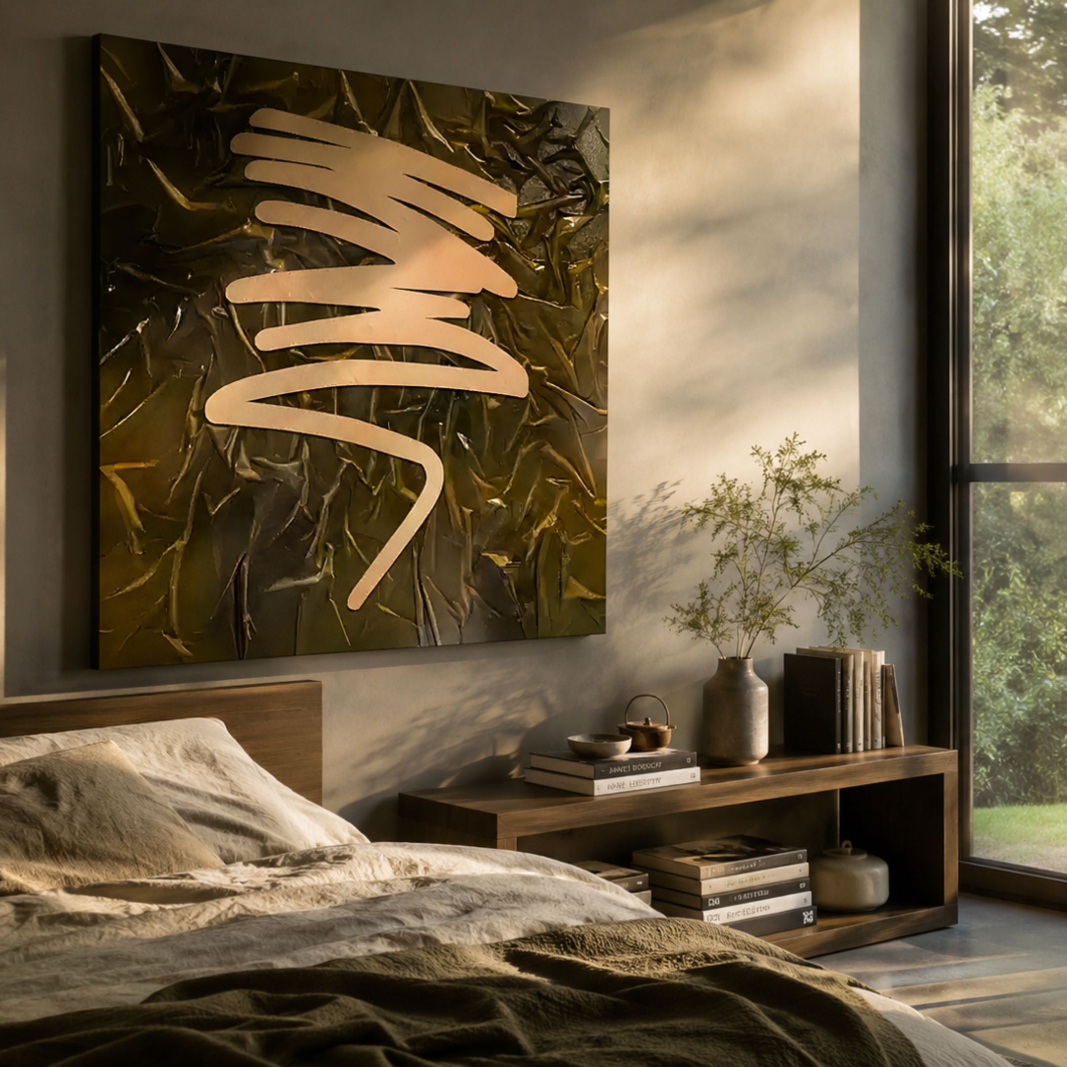 Plisse Golden Ochre Textured Abstract Wall Art by Giant Sculptures mounted above a wooden bed and bench in a sunlit bedroom beside a tall garden window.