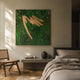 Plisse Verdant Green Textured Abstract Wall Art by Giant Sculptures with pleated metallic green ground and tan brushstrokes, mounted above a concrete bedside console.