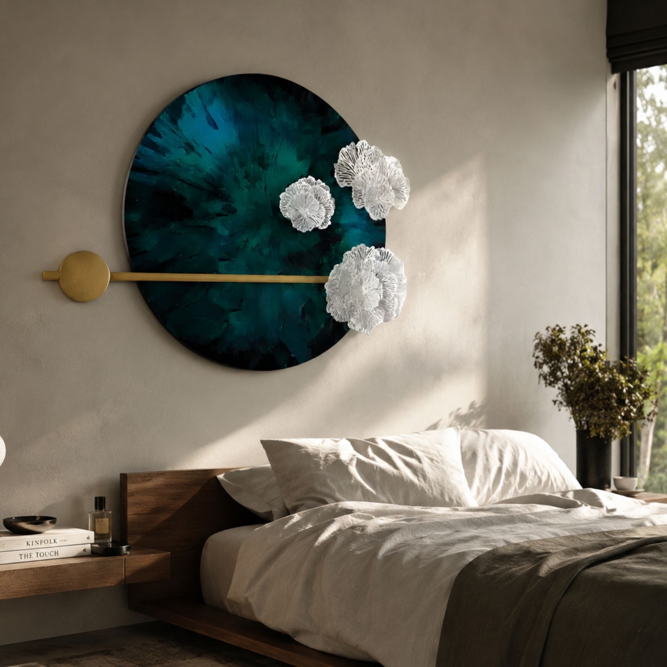 Nova Floral Radiant Teal Blue Circular Wall Art by Giant Sculptures mounted above a wooden bed, featuring three white sculptural blooms and a gold bar accent.