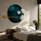 Nova Floral Radiant Teal Blue Circular Wall Art by Giant Sculptures mounted above a wooden bed, featuring three white sculptural blooms and a gold bar accent.