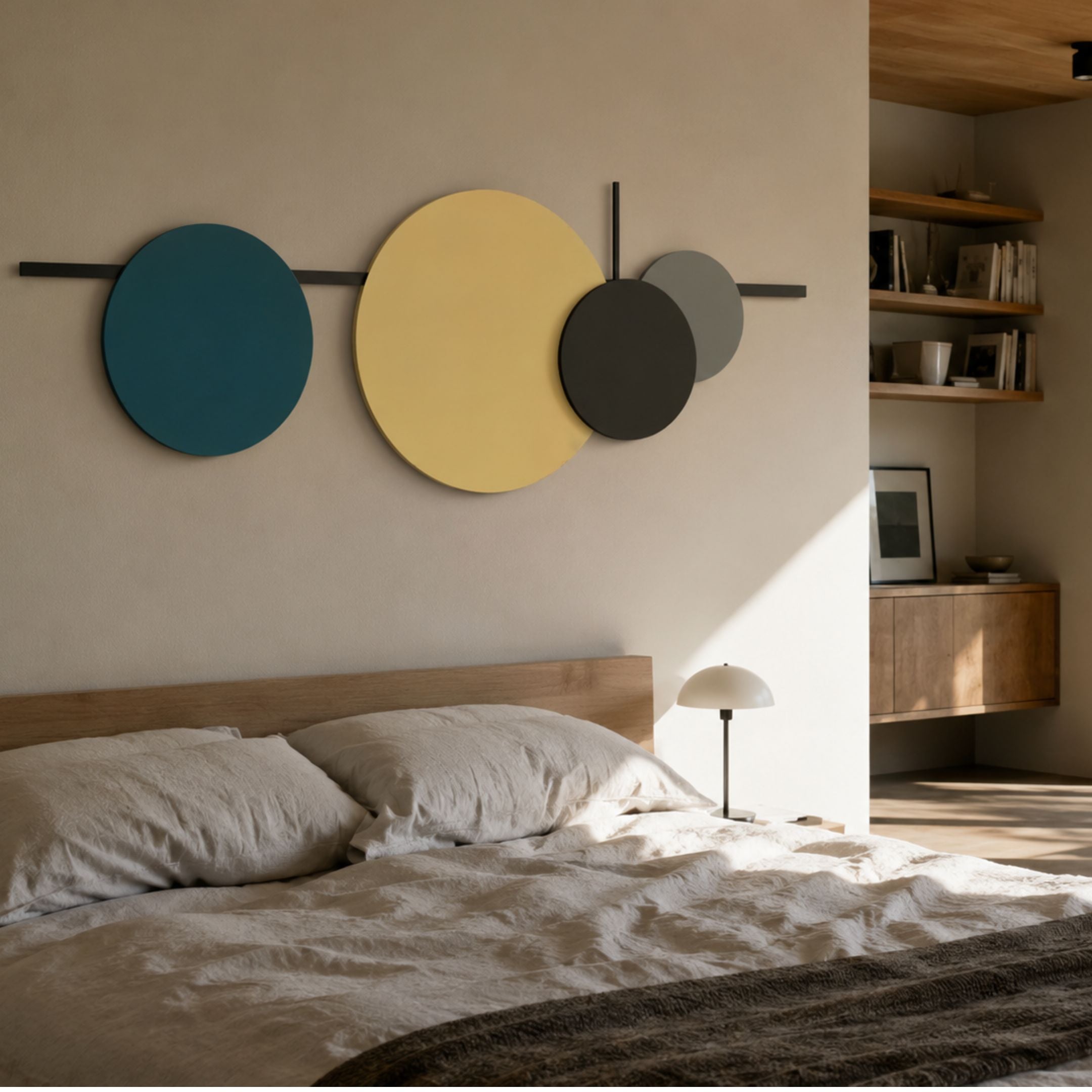 Orbit I Dynamic Flow Multicoloured Circular Wall Art by Giant Sculptures, with blue, yellow, black and grey discs on black bars, above a wooden bed.