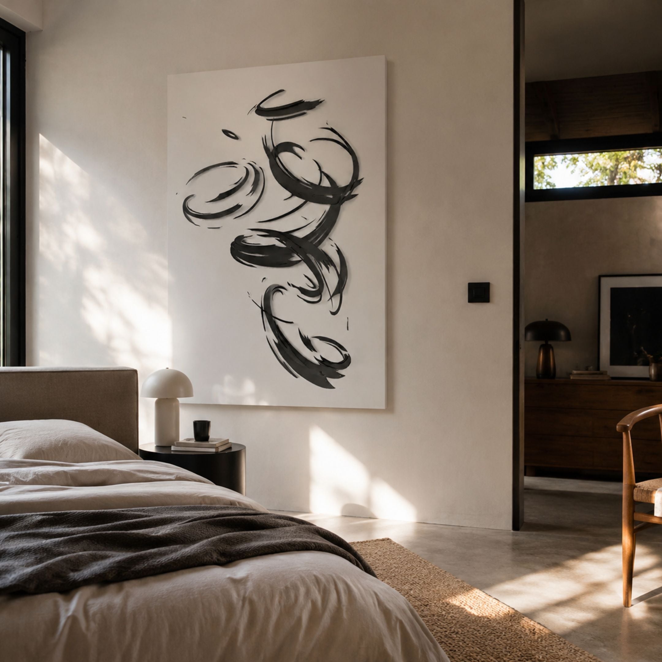 Zephyr Monochrome Motion Abstract Metal Wall Art by Giant Sculptures, with raised black swirling brushstrokes on a white panel, displayed above a bed in a sunlit bedroom.