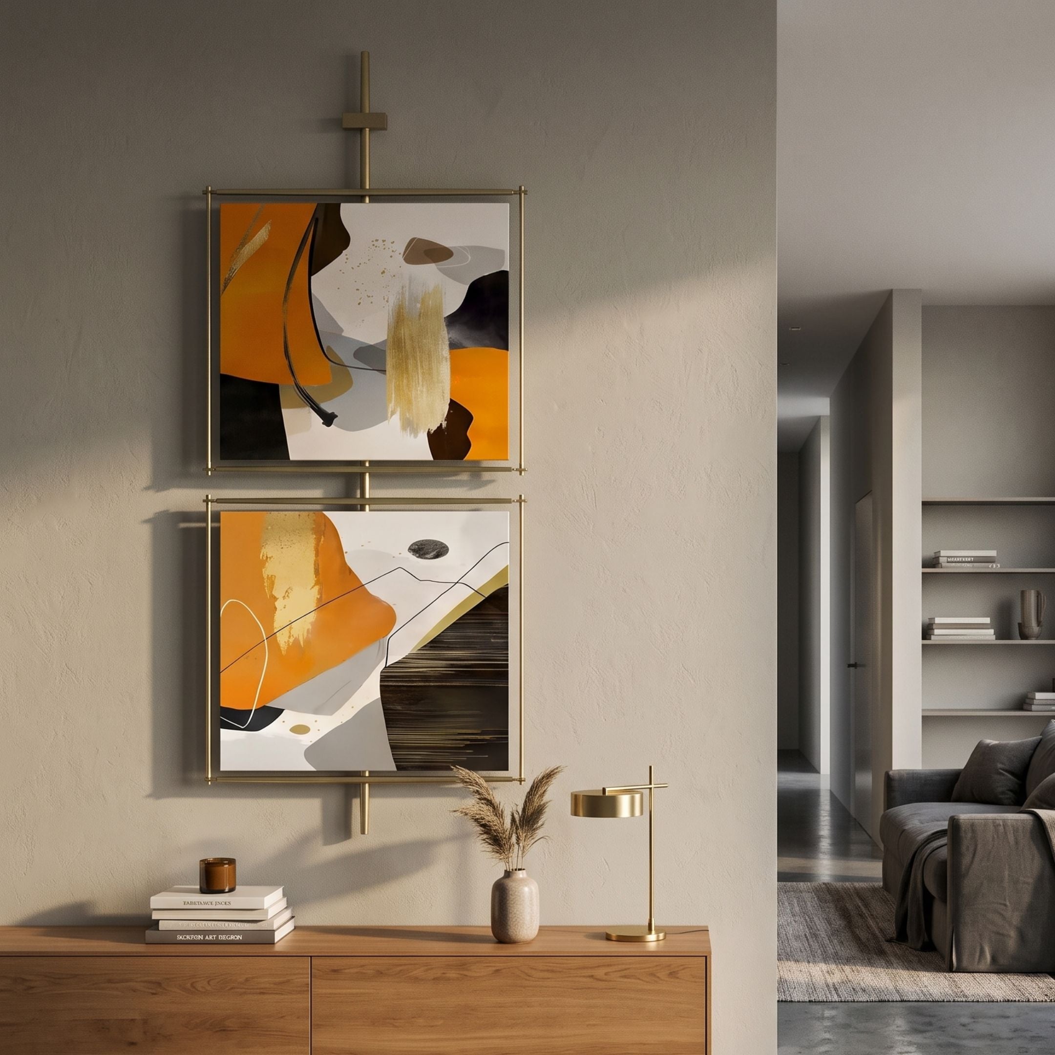 Vortice Energy Flow Abstract Dual Panel Wall Art by Giant Sculptures, two stacked panels with orange, black, gold and grey forms on a brass frame above an oak console.