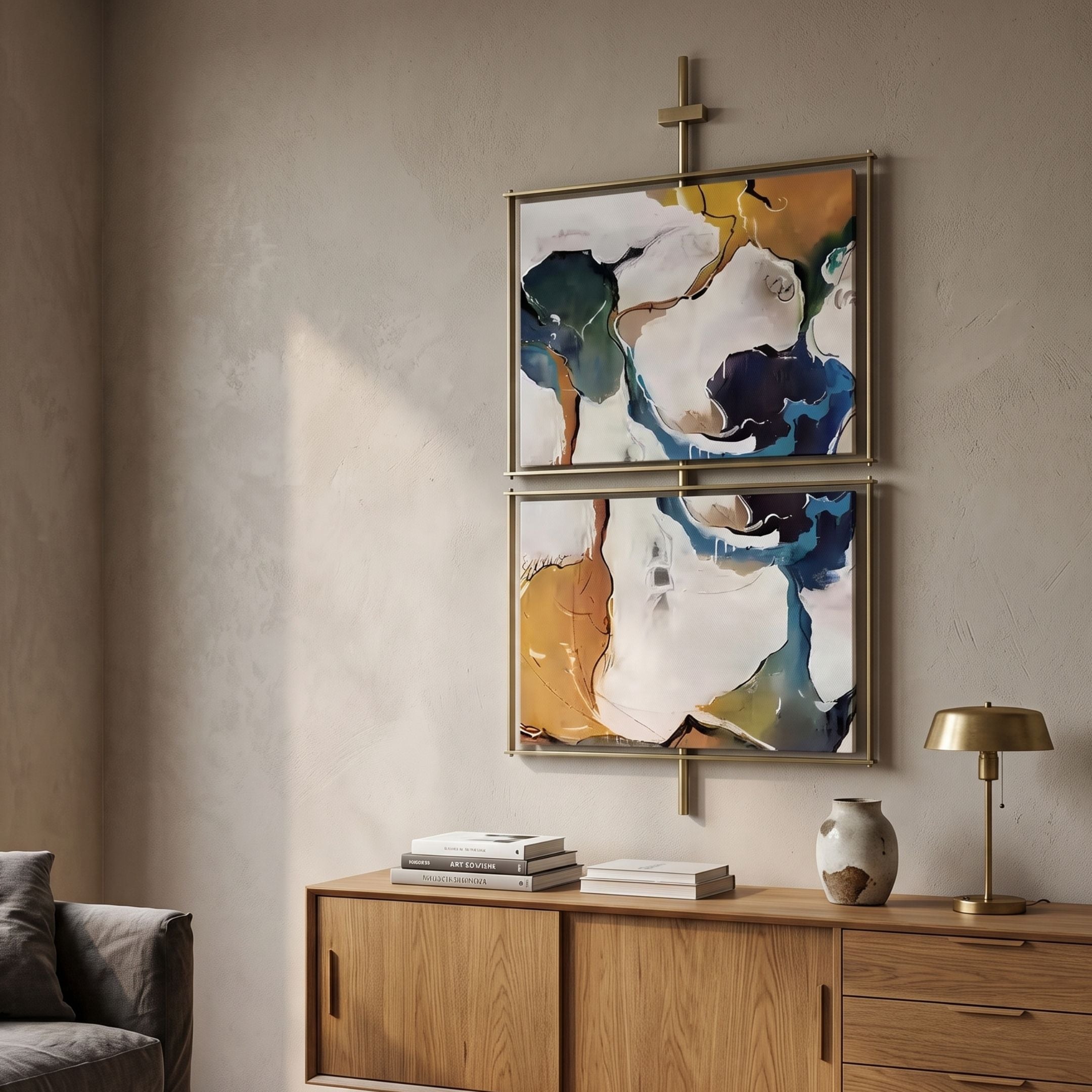 Vortice Watercolour Abstract Dual Panel Wall Art by Giant Sculptures, with blue, green, brown and white watercolour tones in gold frames above a wooden sideboard.