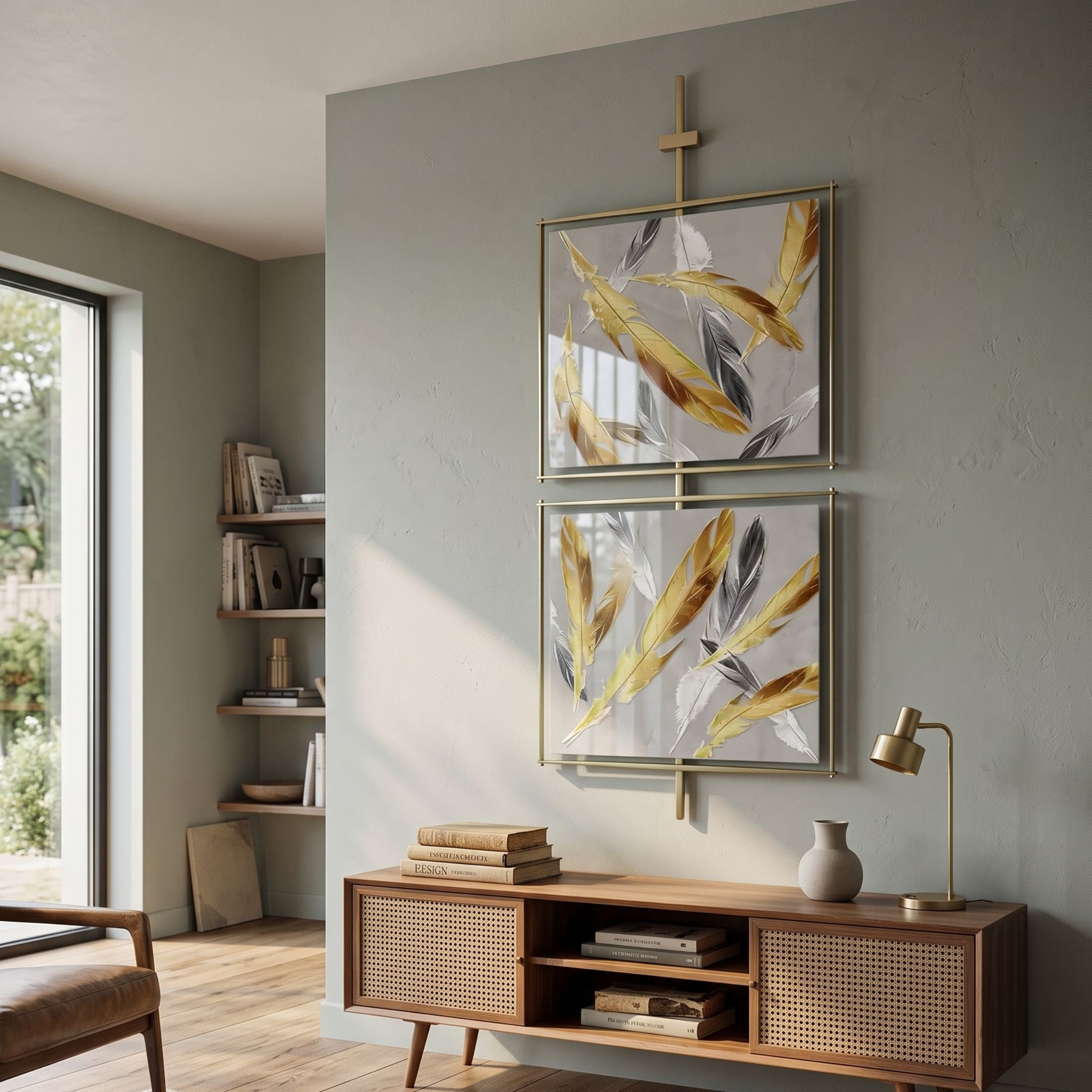Vortice Feather Elegance Dual Panel Wall Art by Giant Sculptures, two stacked square panels with gold and silver feathers in a slim brass frame, displayed above a cane sideboard in a sage living room.