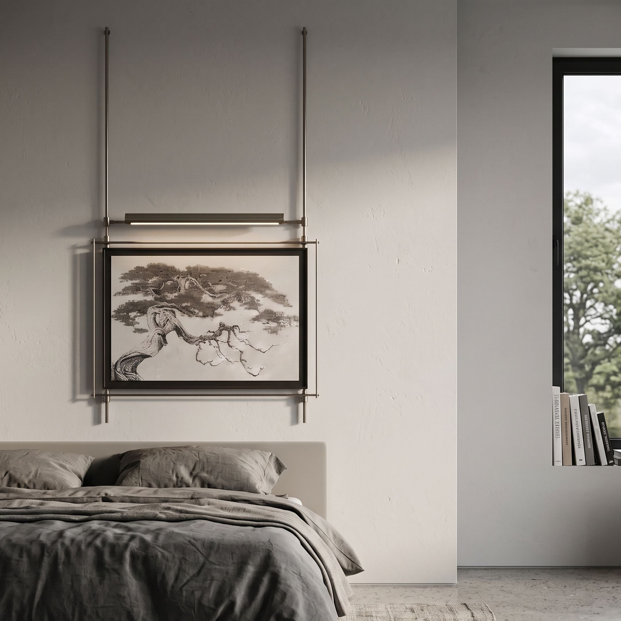 Celestique Ancient Bonsai Framed Long Hanging LED Wall Art by Giant Sculptures, mounted above a grey linen bed with overhead LED bar illuminating the ink artwork.