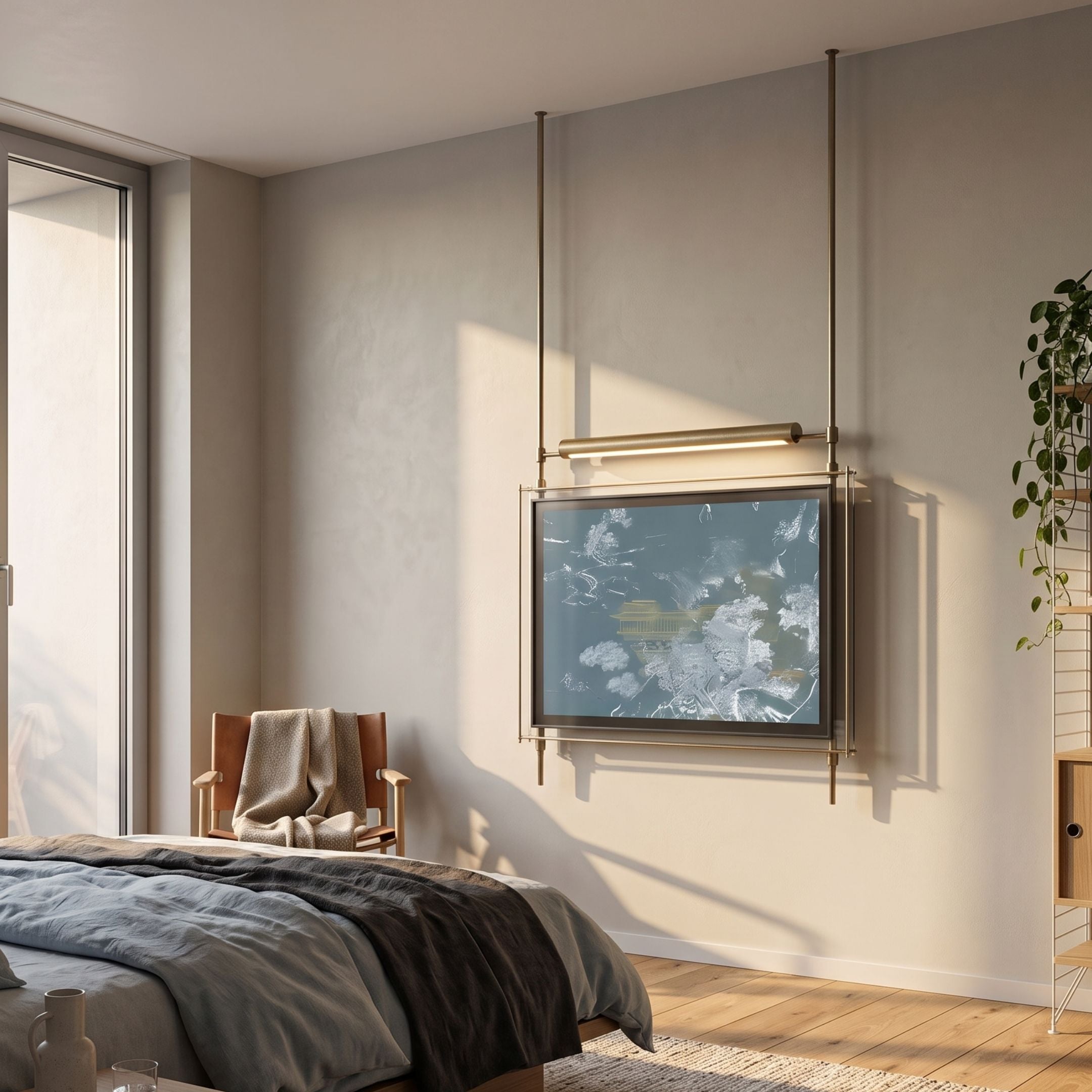 Celestique Golden Pavilion Framed Long Hanging LED Wall Art by Giant Sculptures suspended above a bed, with blue-grey abstract print and warm LED light bar.