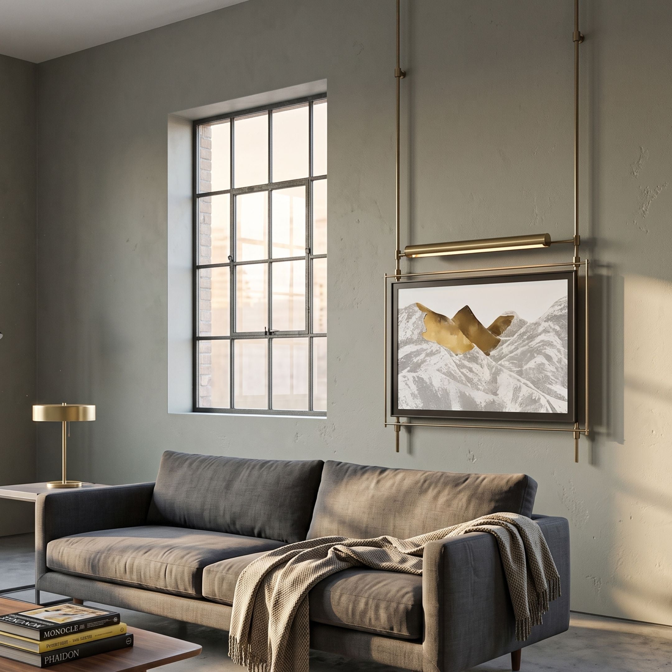 Celestique Mountain Peaks Framed Long Hanging LED Wall Art by Giant Sculptures suspended on brass rods above a grey sofa in a modern living room.