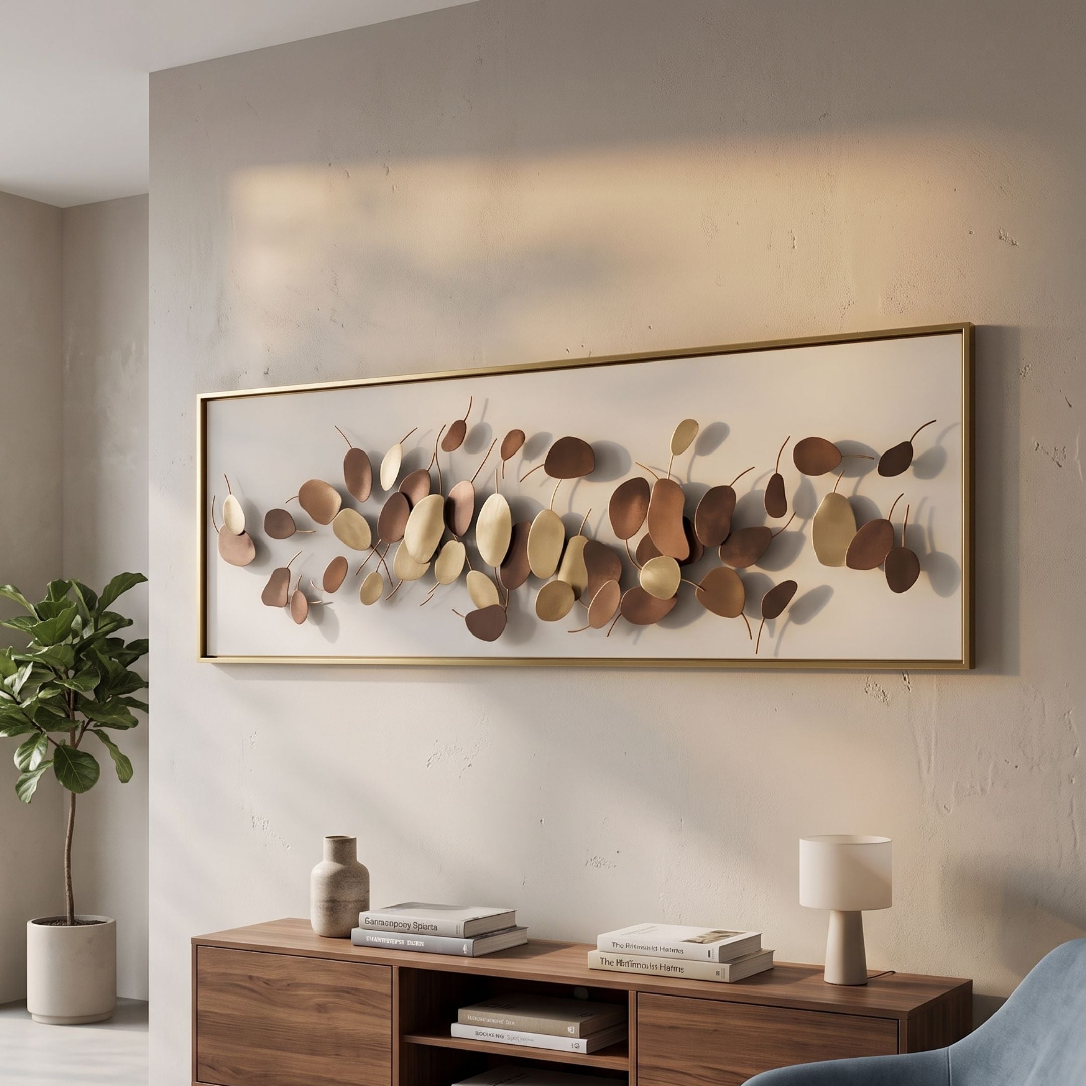 Brassica Gold Leaf Metal Rectangular Wall Art by Giant Sculptures with gold and bronze leaves on a white panel, hung above a walnut console with books and a lamp.