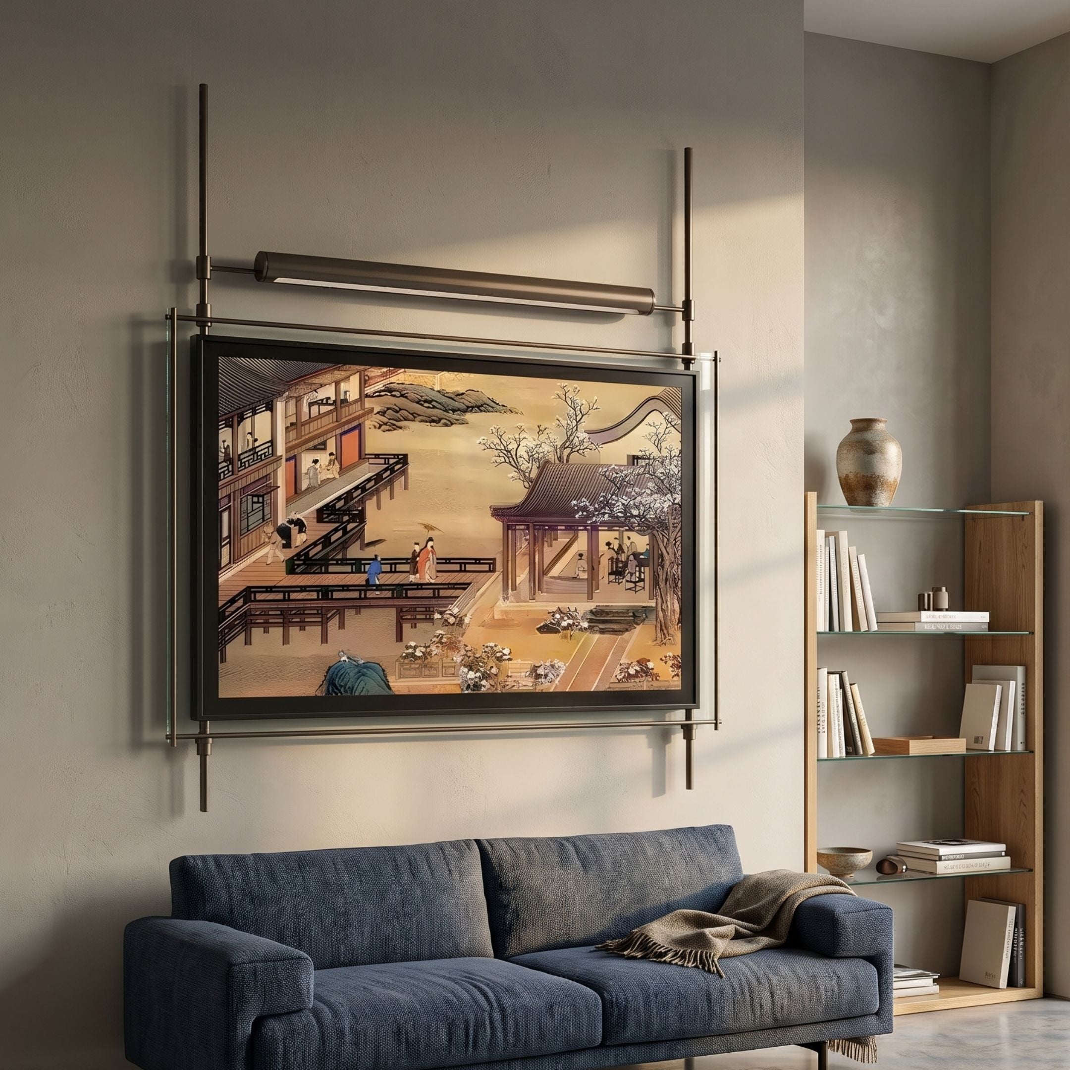 Celestique Vintage Pavilion Bliss Framed Long Hanging LED Wall Art by Giant Sculptures, suspended above a navy sofa beside a glass bookshelf in a living room.