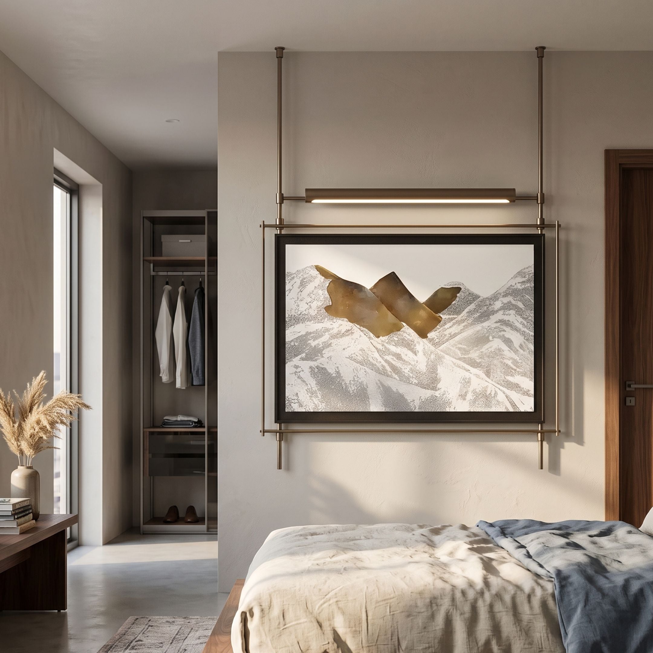Celestique Ancient Bonsai Framed LED Wall Art by Giant Sculptures hanging on a bedroom wall, illuminated by its integrated brass LED bar above the bed.