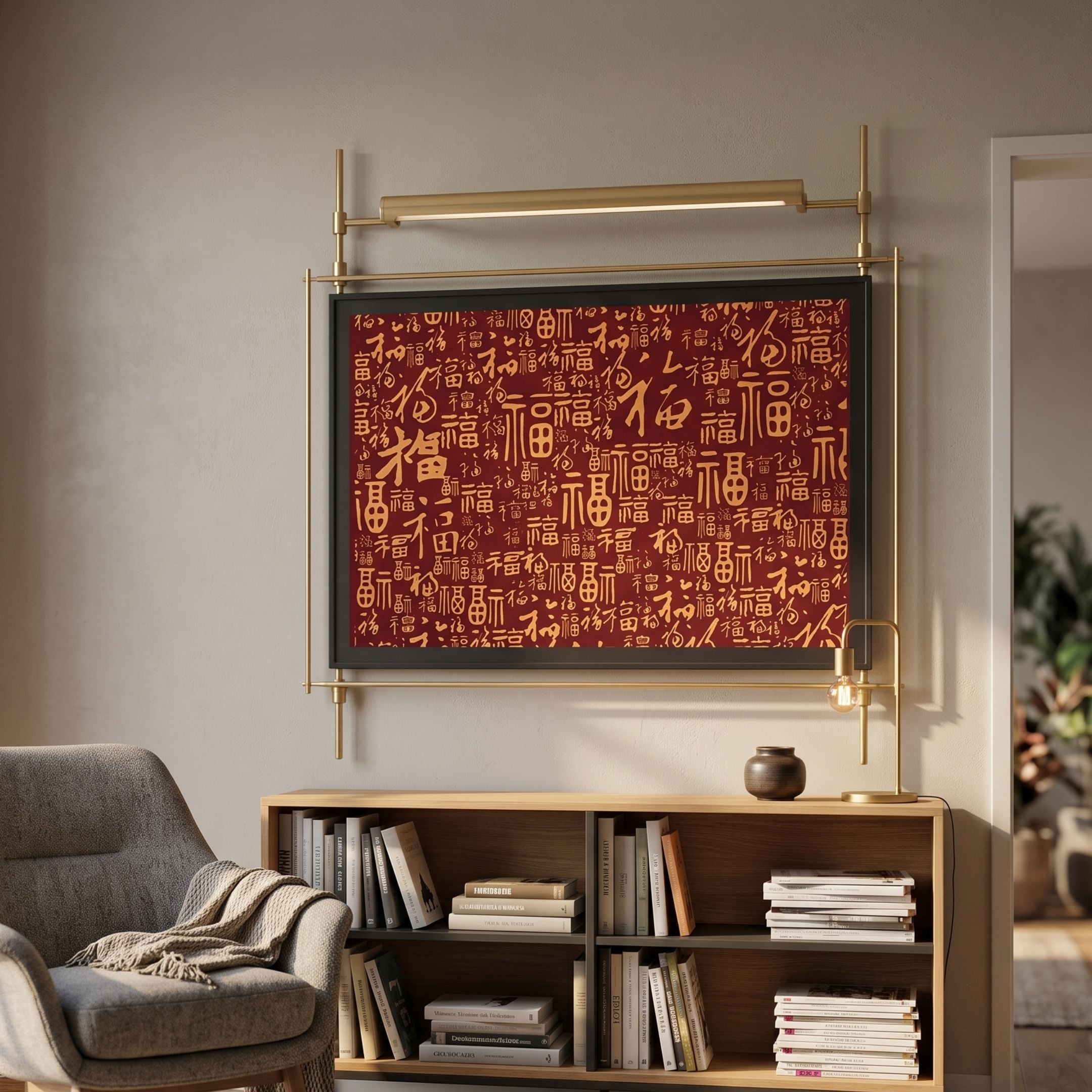 Celestique Prosperity Script Framed LED Wall Art by Giant Sculptures, gold Fu characters on deep red, mounted above a book console in a living room.