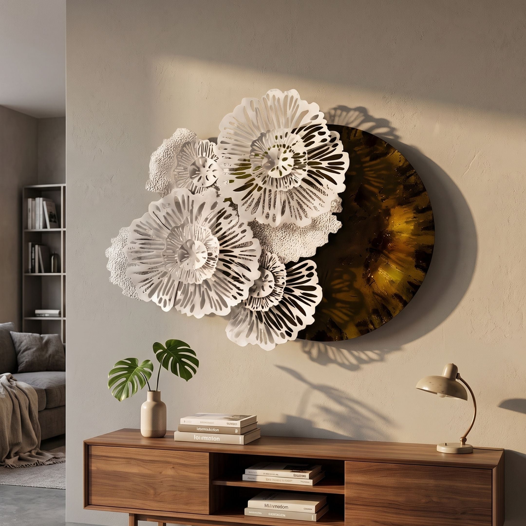 Aurum Flora White Petals Amber Metal Wall Art by Giant Sculptures, layered white floral petals over an amber and green oval backdrop, displayed above a wooden sideboard.