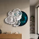 Aurum Flora White Petals Emerald Metal Wall Art by Giant Sculptures mounted above a wooden console with books, layering white petals over a marbled emerald disc.