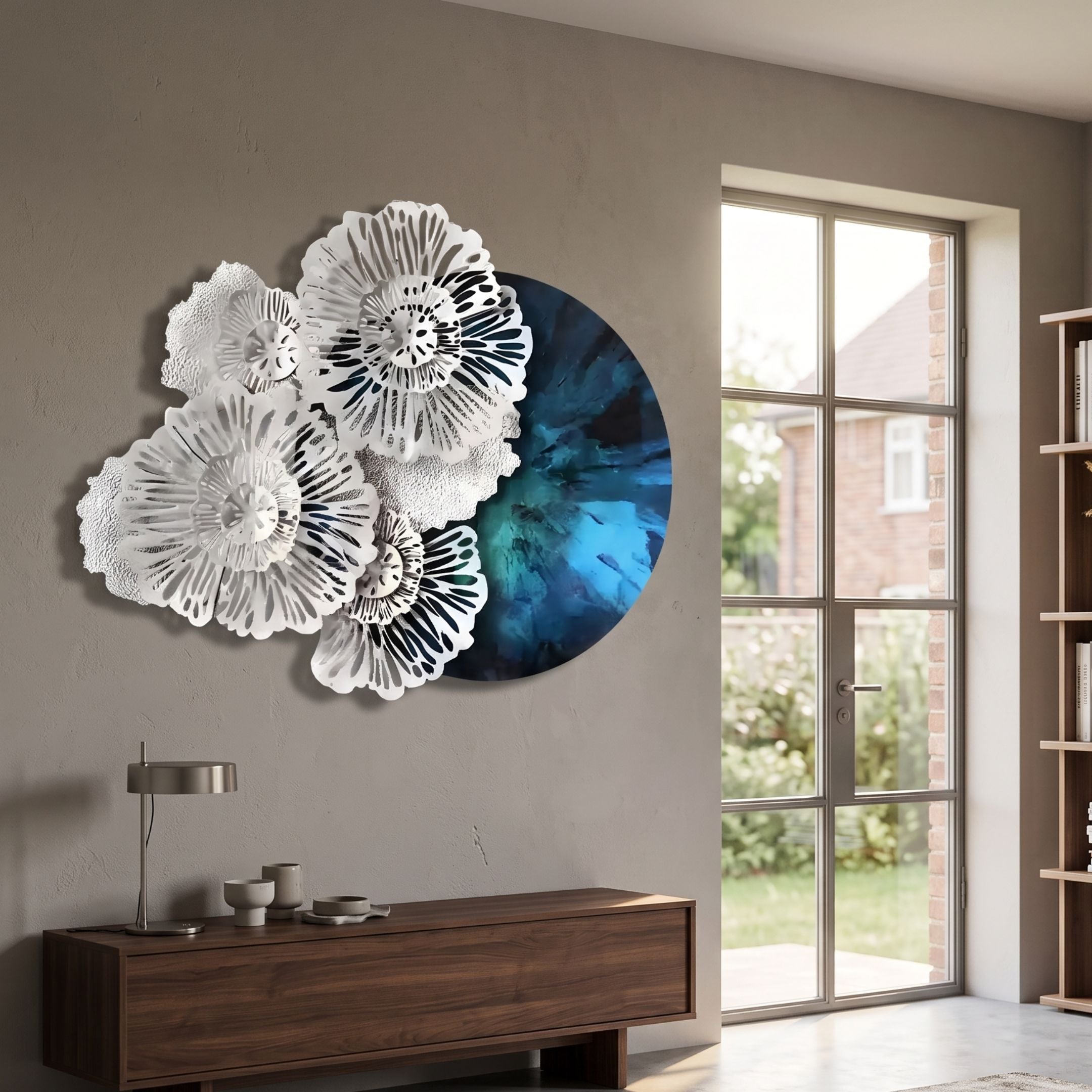 Aurum Flora White Petals Sapphire Metal Wall Art by Giant Sculptures, sculpted white blooms over a sapphire-blue circular panel, above a walnut console.