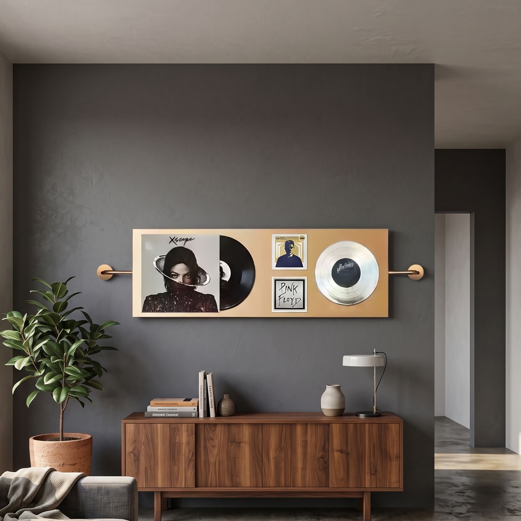 Resonance Record Wall Art by Giant Sculptures featuring Michael Jackson Xscape vinyl and Pink Floyd panel, mounted above a walnut sideboard on a grey wall.
