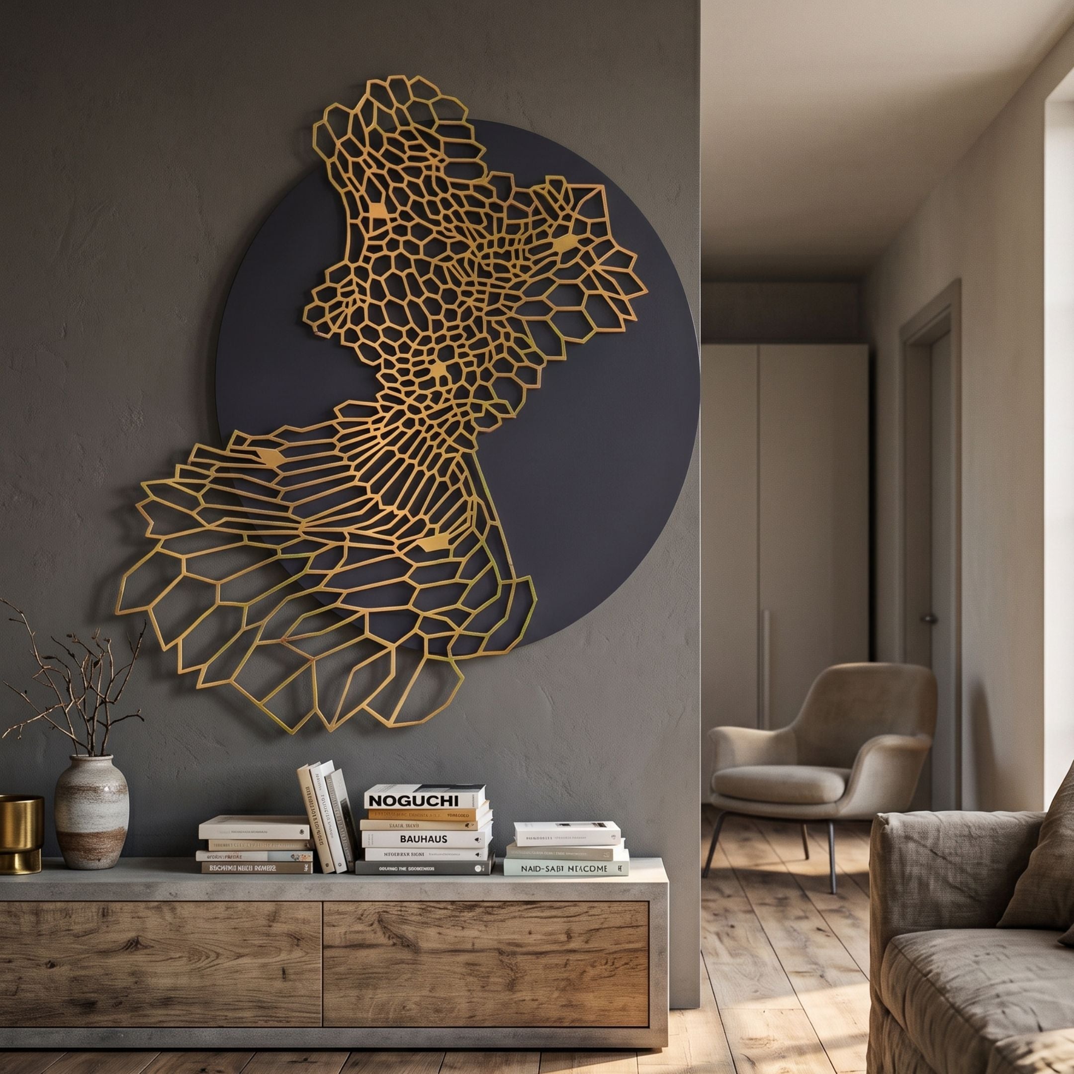 Cellura Deep Purple Geometric Layered Gold Wired Metal Wall Art mounted above a wooden console with books in a modern living room with armchair.