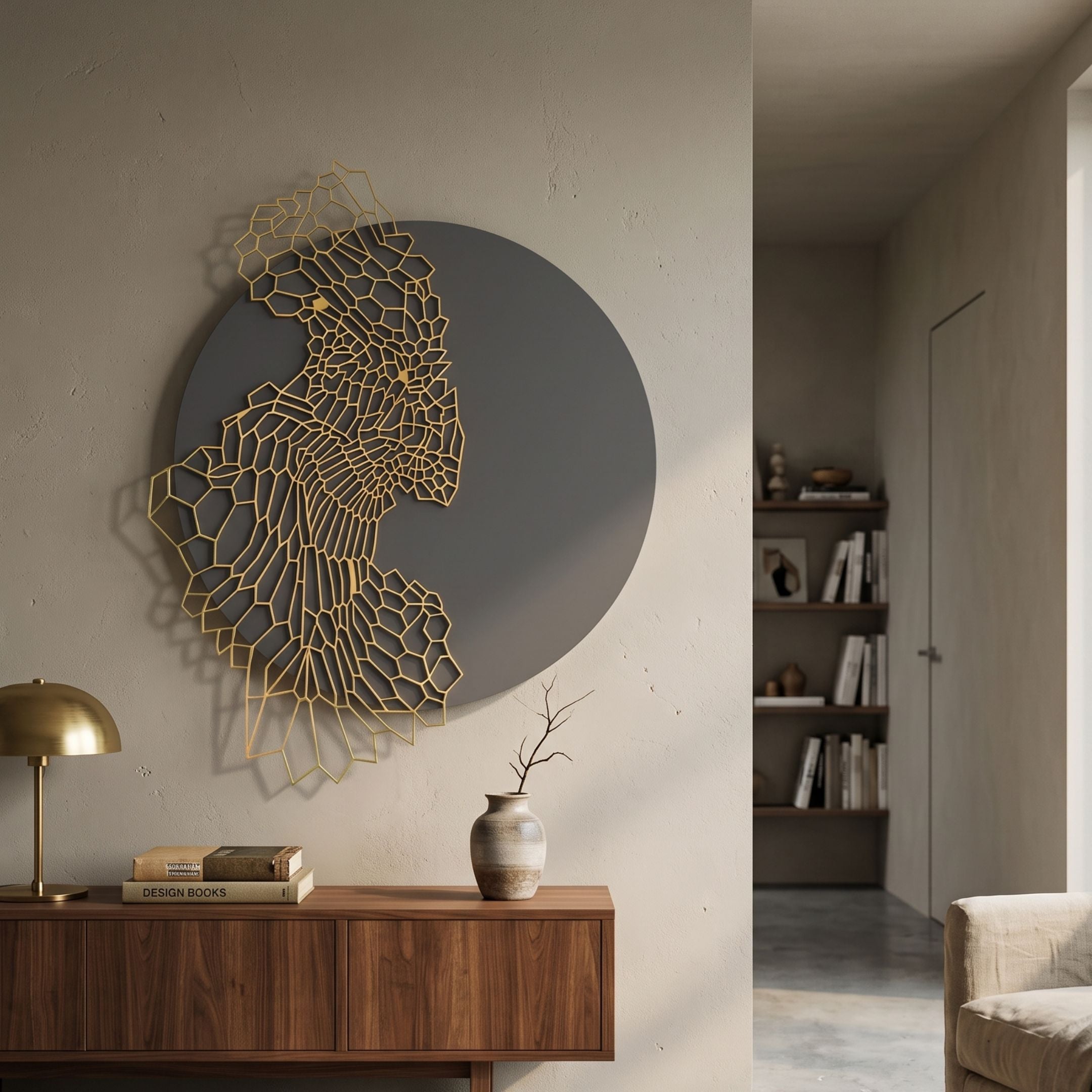 Cellura Deep Purple Geometric Flow Gold Wired Metal Wall Art by Giant Sculptures displayed above a walnut sideboard with brass lamp in a modern hallway.